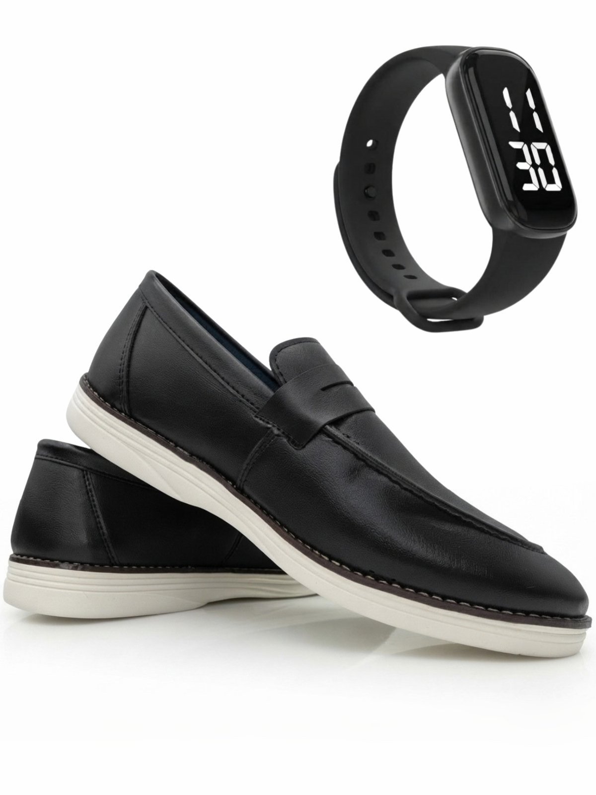 Mocassim Loafer Masculino Kit Relogio Digital Led Sapatofran Casual Social Calce Fácil Conforto Preto