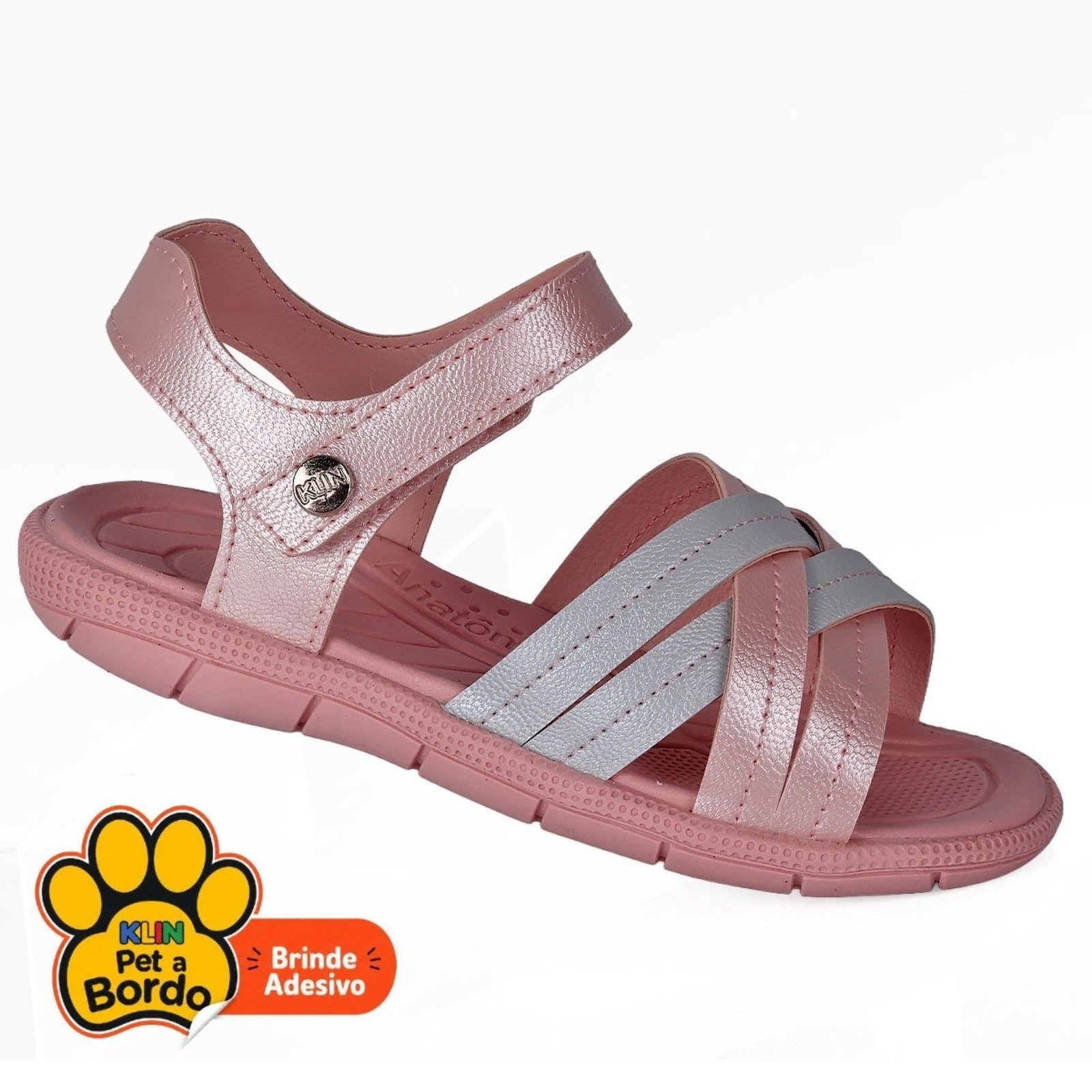 Infantil - Sandália Papete Klin Menina Rosa Prata Metalizada Tiras Cruzadas Conforto e Estilo