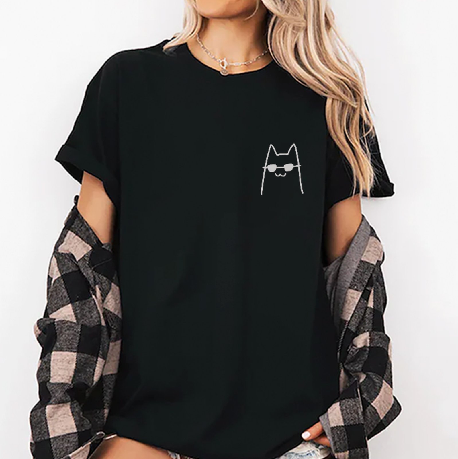 Camiseta Oversized Premium Gatinho Minimalista Street Unissex Preto
