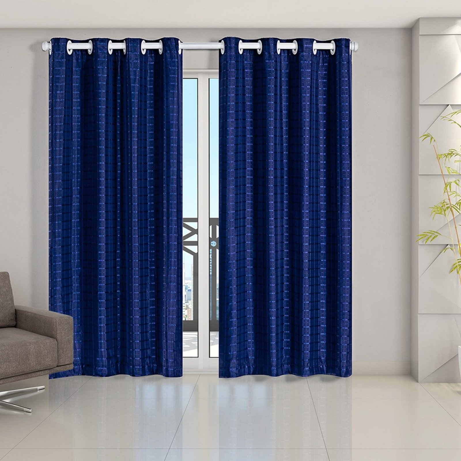 Cortina Blackout PVC com Voil Xadrez 2,80m x 2,30m Marinho