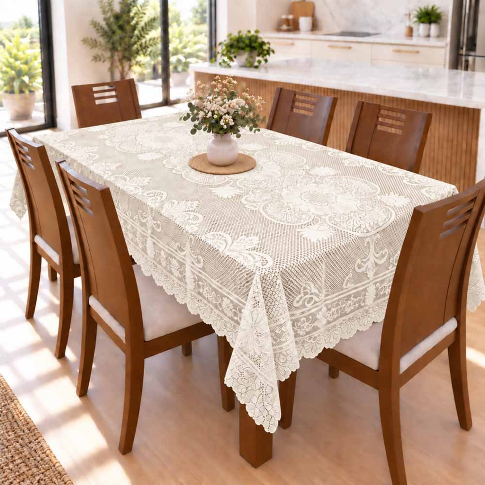 Toalha De Mesa Renda 1,50m x 2,30m Para Mesa 6 Lugares Fácil de Limpar Palha