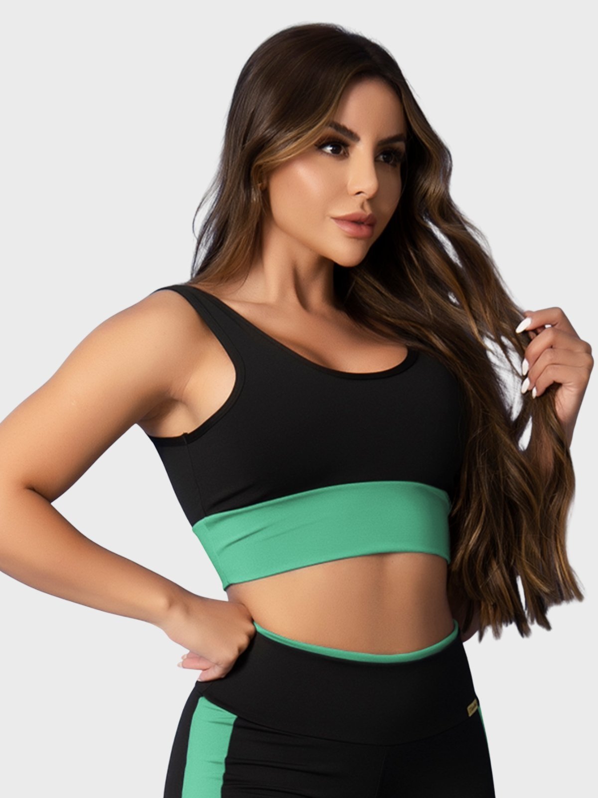 Top Fitness Tarelles Alça Larga Forrado Preto e Verde Menta