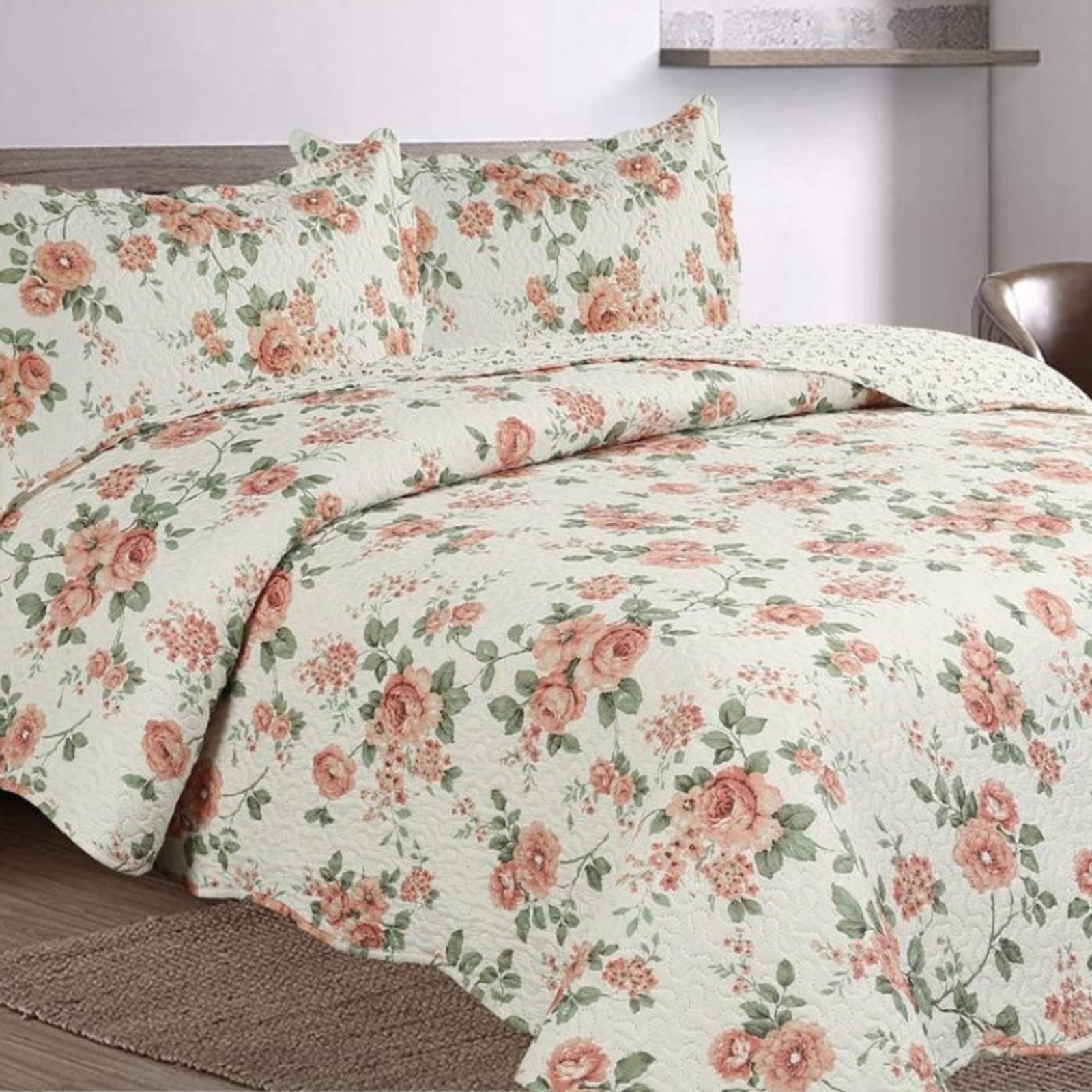 Kit Cobre Leito Colcha Casa Scarpa Mix King Estampado Dupla Face Floral 3 Peças - Débora