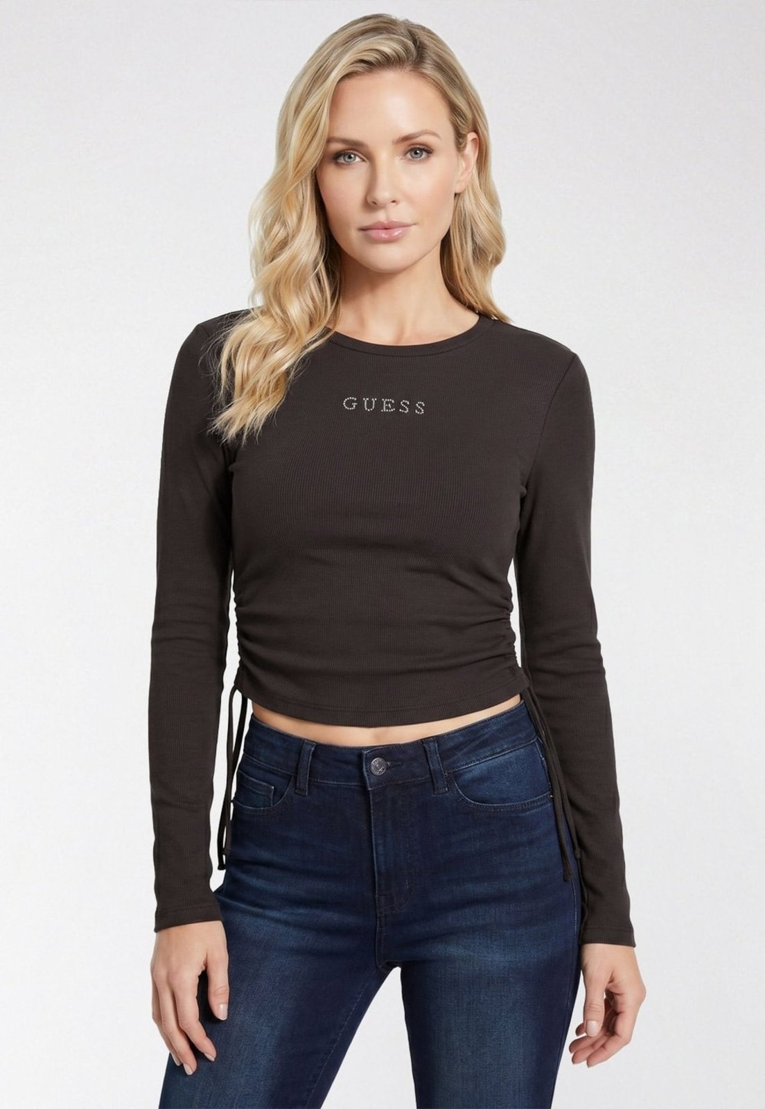 Blusa Guess Manga Longa Rib Logo Hotfix Marrom