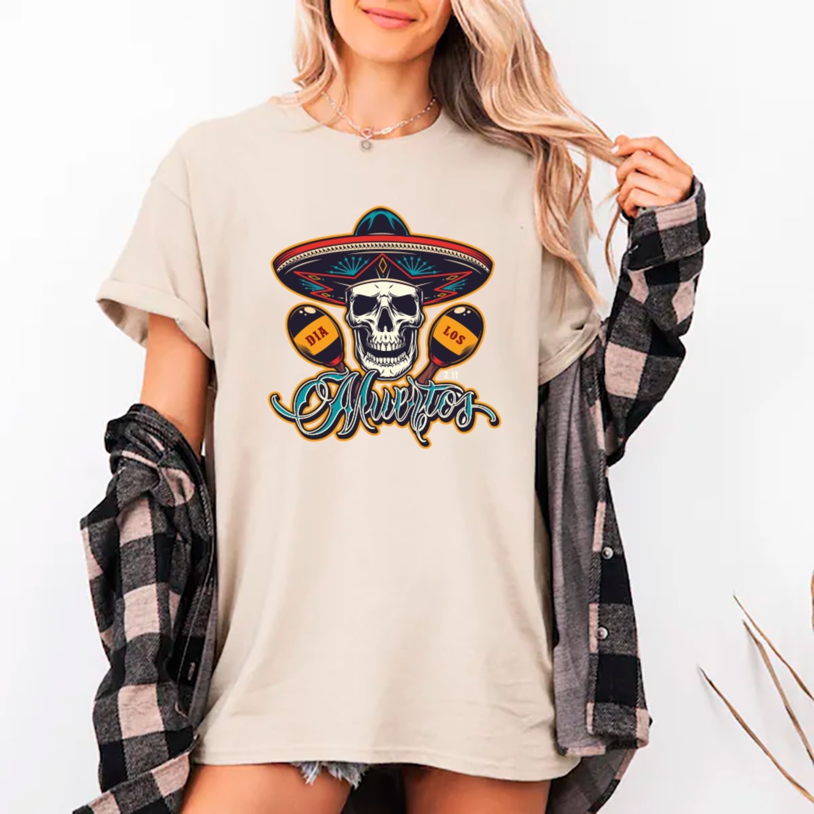 Vista 2 Camiseta Ousy Unissex Streetwear Dia De Los Muertos Visual Impactante Oversized Off White off-white white ousy off-white white