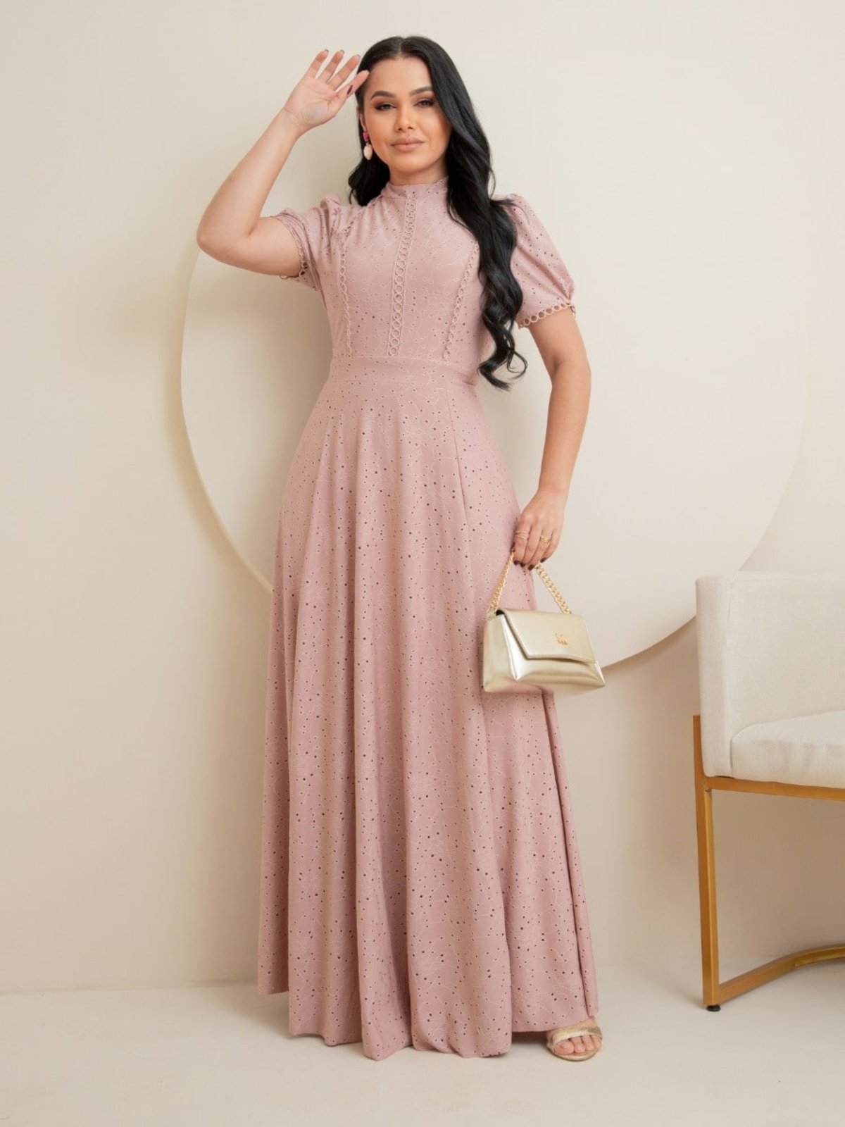 Vestido Longo Gola Alta Festa Convidada com Manga Elegante Rose