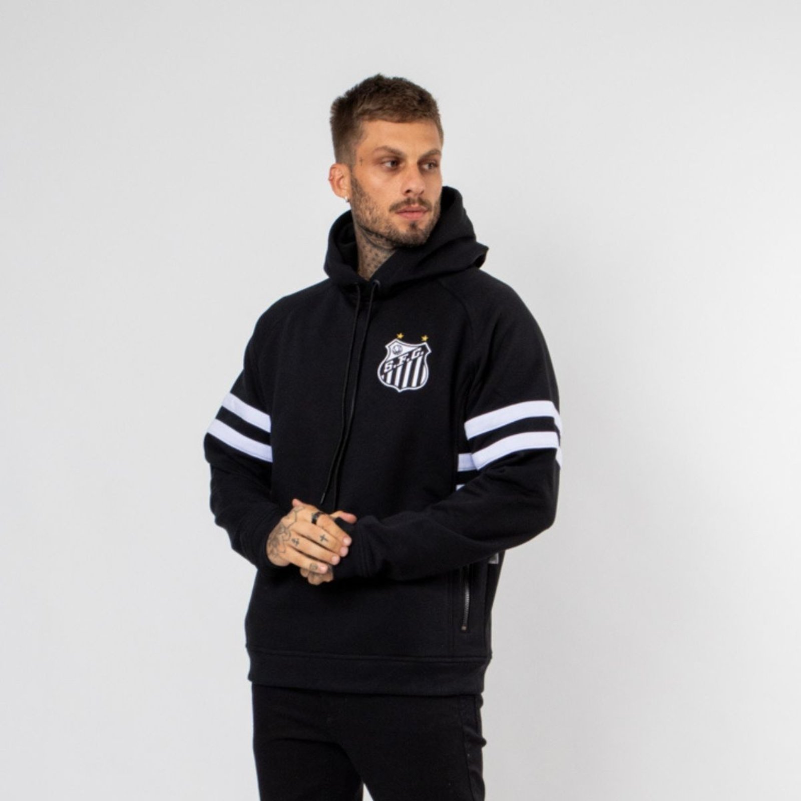 Moletom Canguru Fechado Santos Oficial Escudo Preto Branco