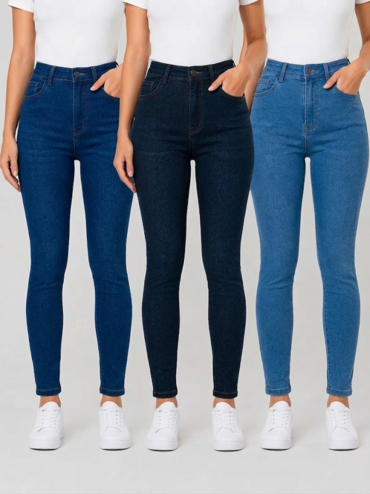 Kit 3 Calças Jeans Feminina Skinny Yellow Jeans Azul Claro Azul Médio e Azul Escuro Cintura Alta