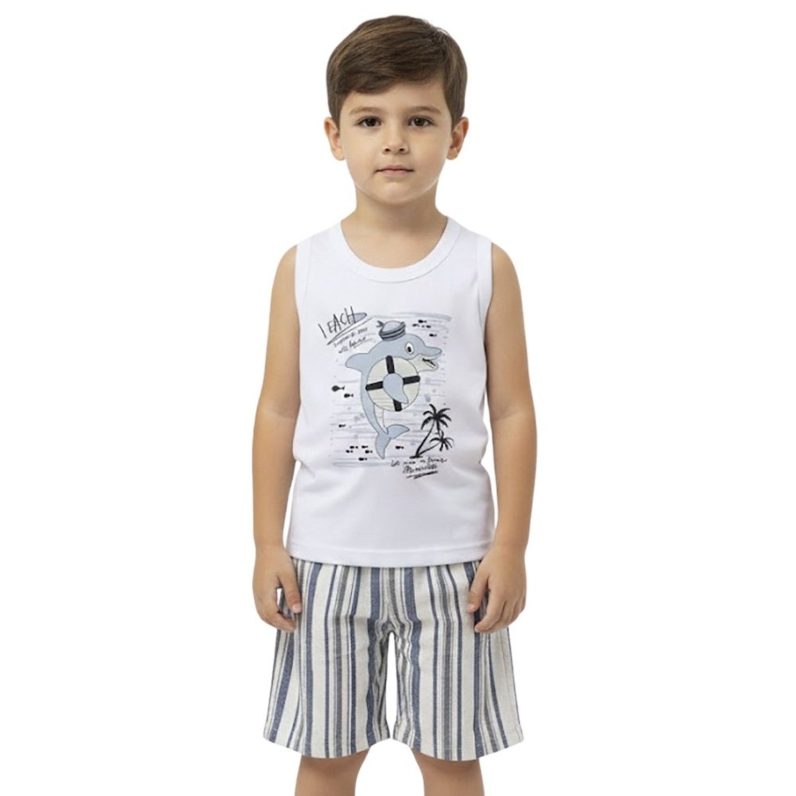 Infantil - Conjunto Look Jeans Regata e Shorts Estampa Golfinho