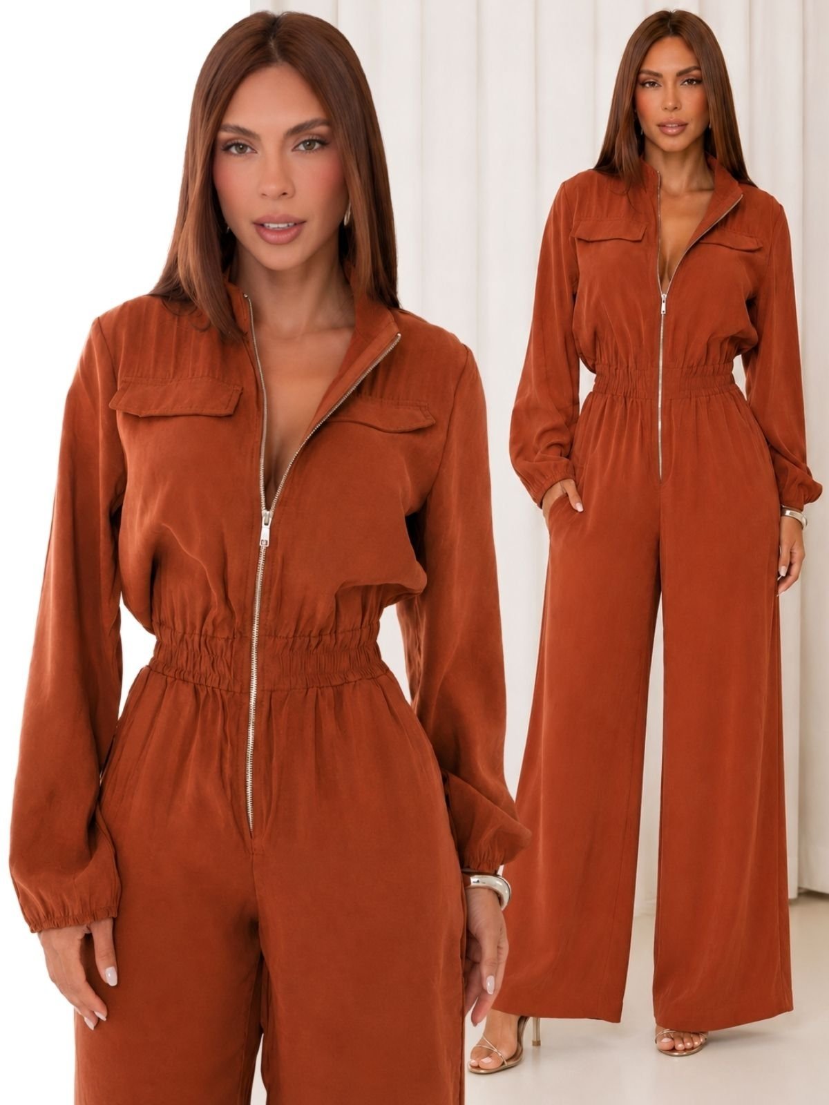 Macacão Alfaiataira Feminino Divina Gata Elegante Classigo Ziper Pantalona - Marrom Terracota