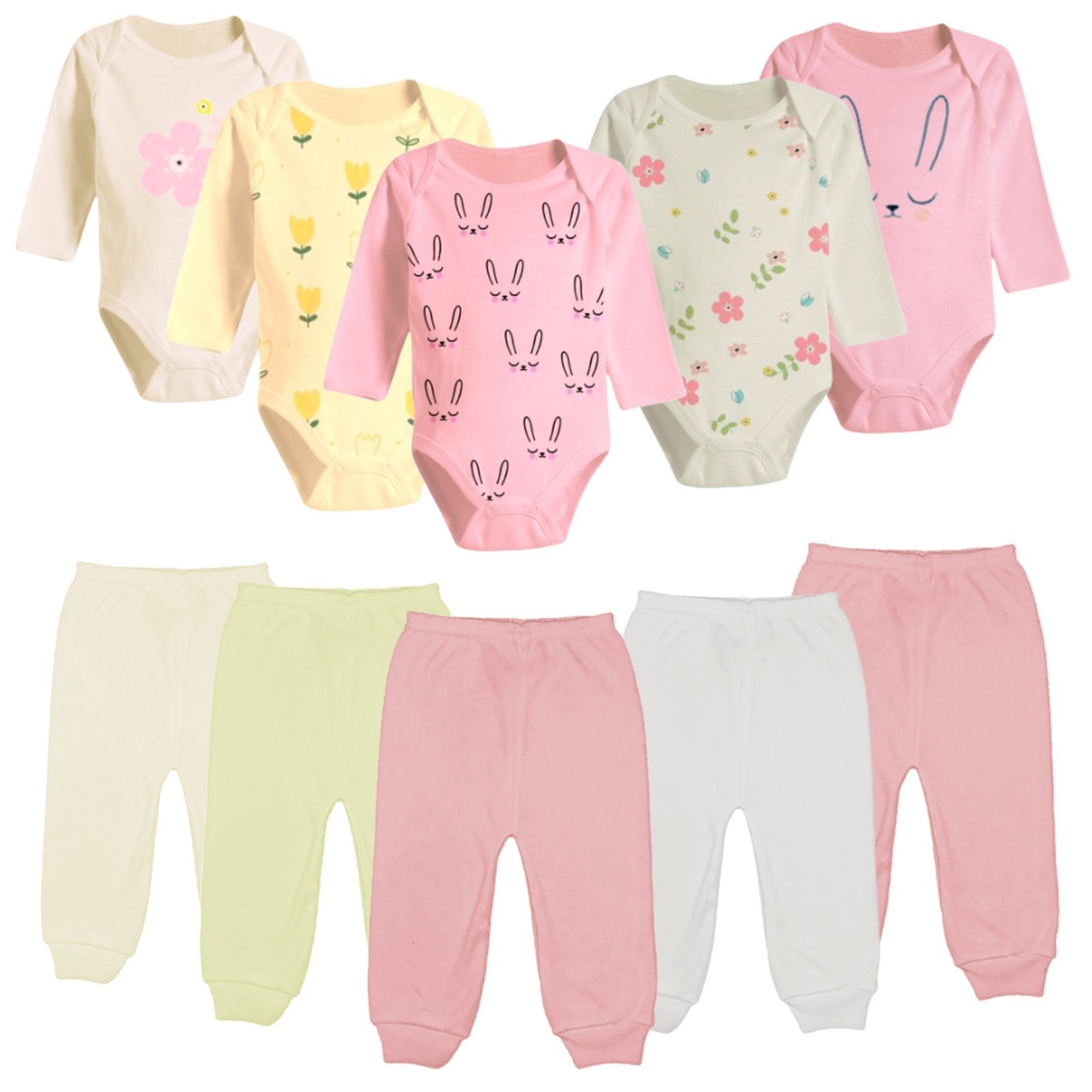 Infantil – Kit 10 Pçs Body Longo Estampado e Mijão Algodão Rosa