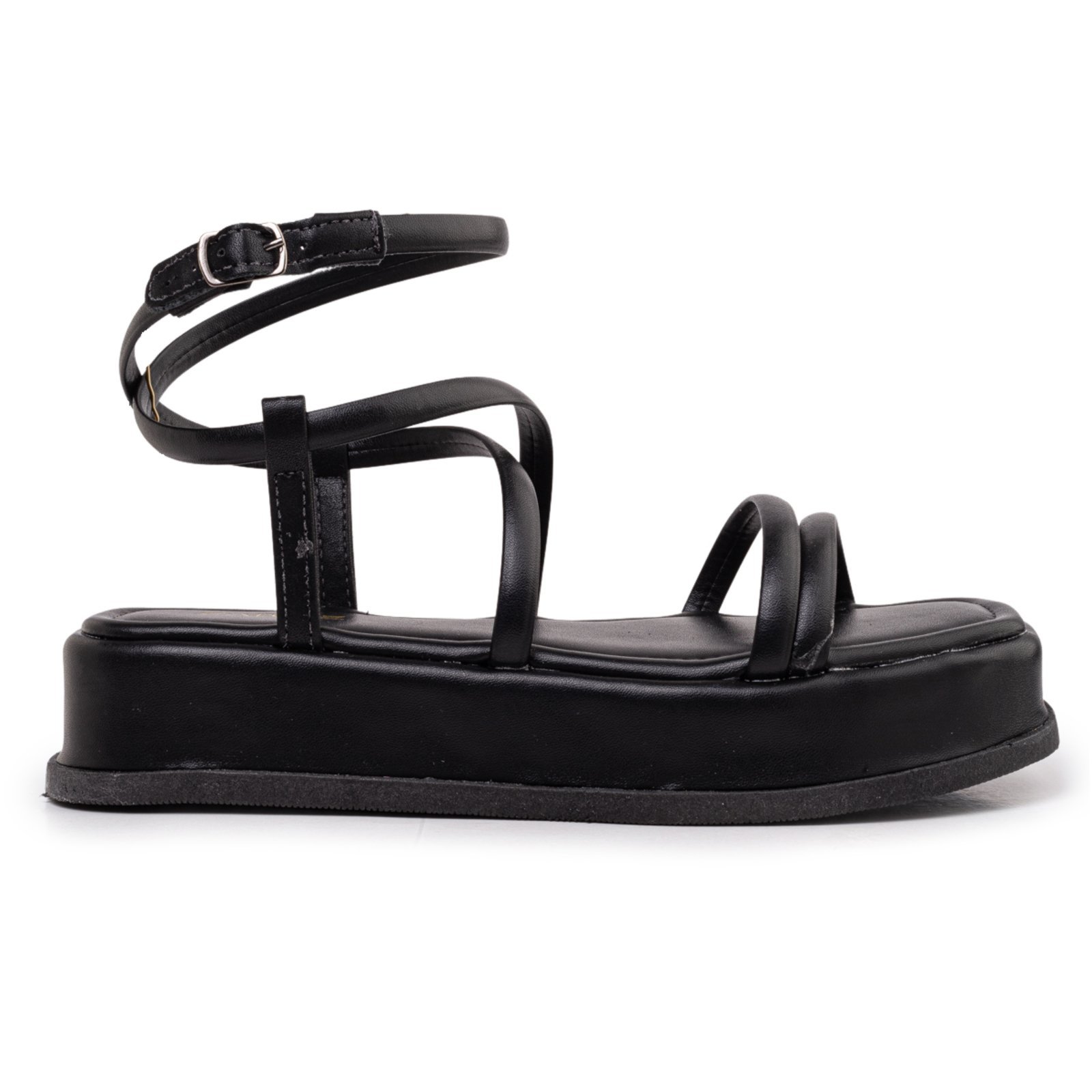 Sandália Feminina Flatform Tiras Metalizada Confortável Moda Napa Preto