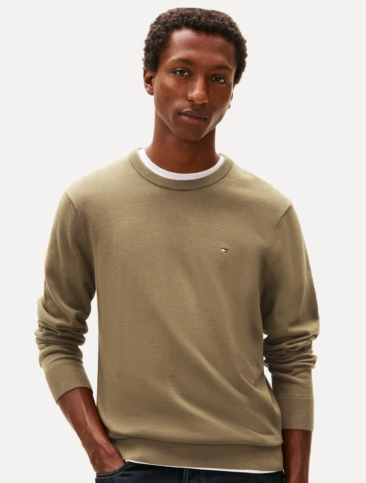 Suéter Tommy Hilfiger Masculino Crewneck Essential Cotton Cáqui Claro