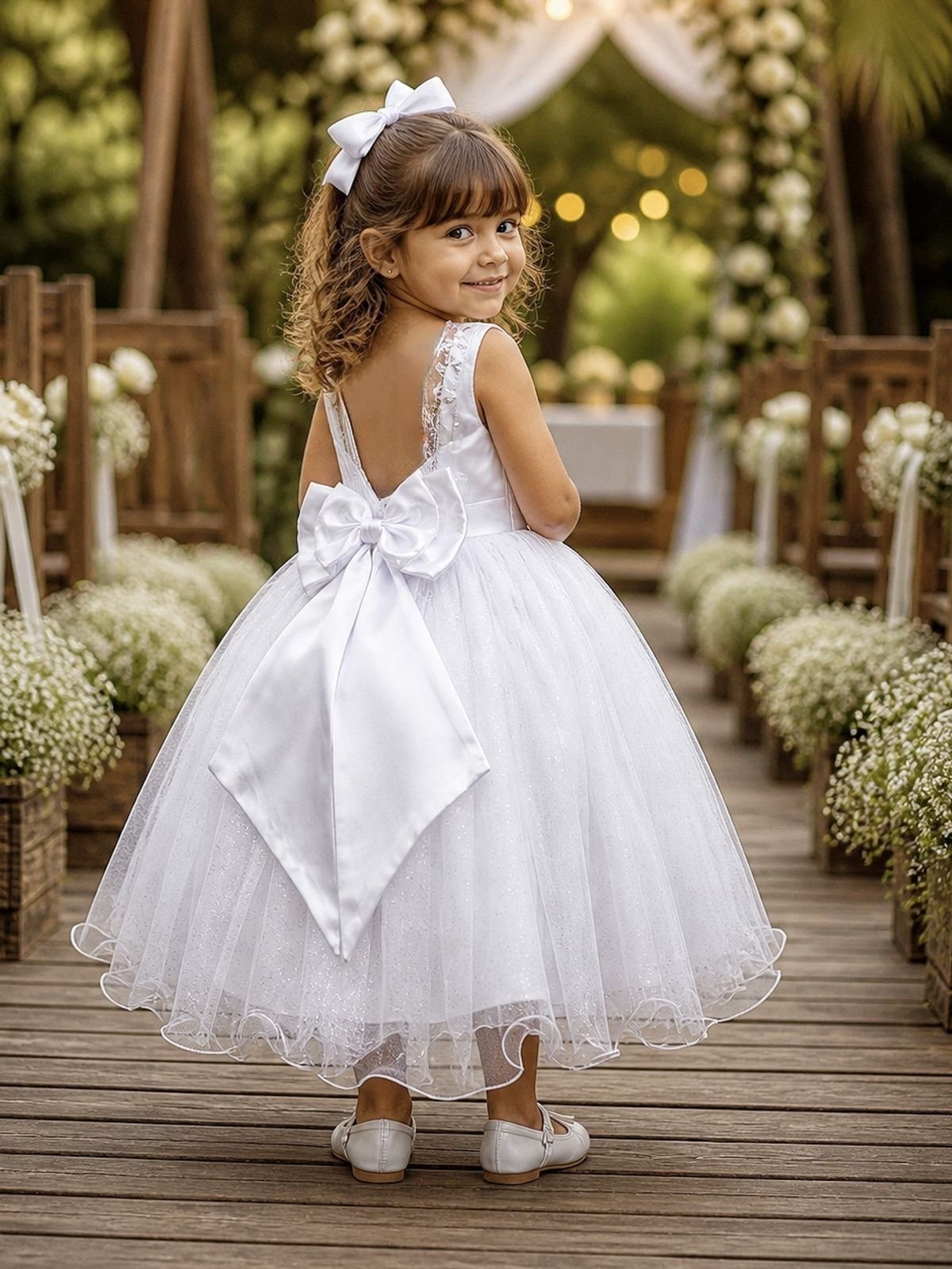Infantil - Vestido Festa Branco Formatura Casamento Renda Dama Daminha Florista Social Menina Juvenil Pérolas Princesa Rodado Aniversário Luxo