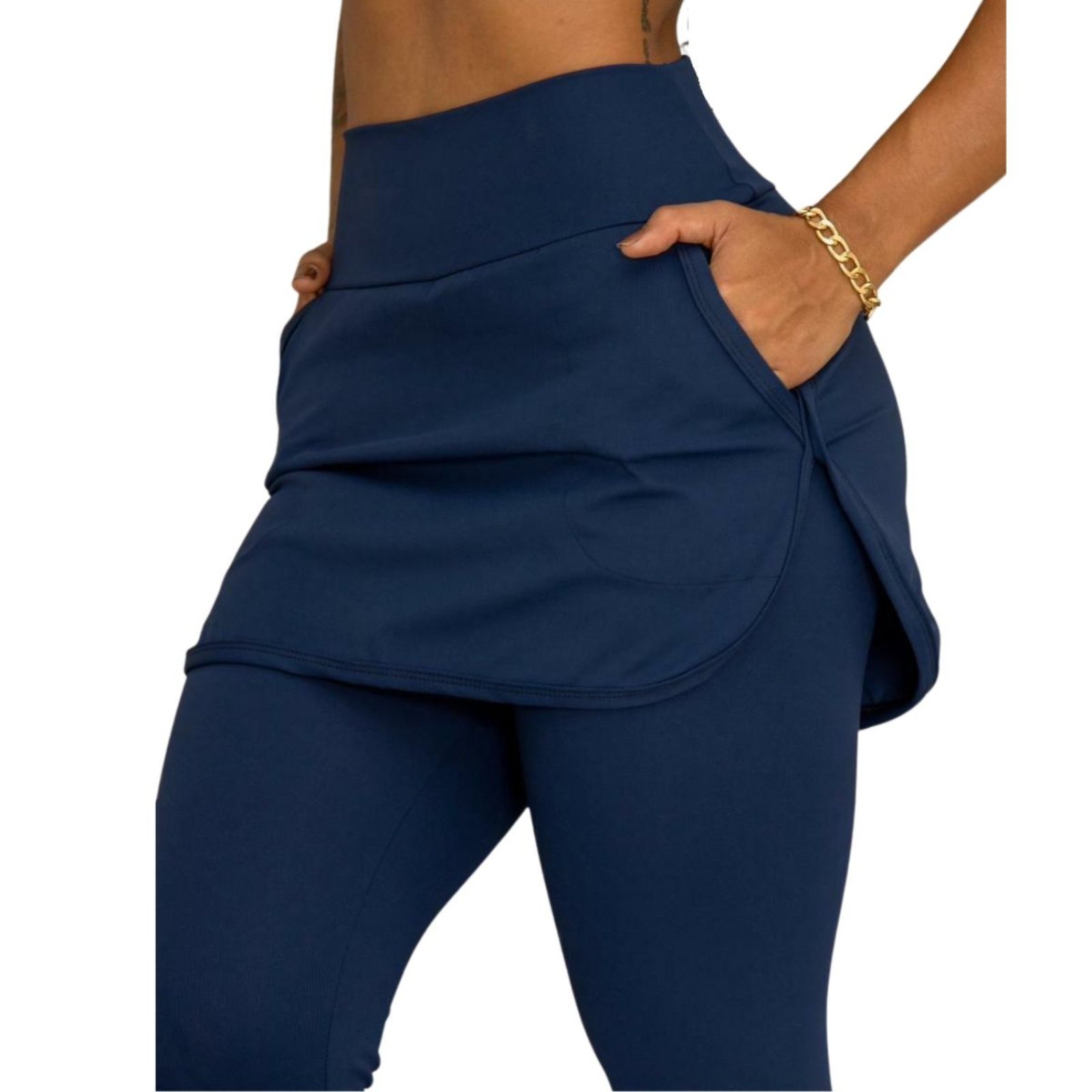 Legging Blackout Vih Triny Com Saia e Bolso Moda Fitness Cintura Alta Marinho