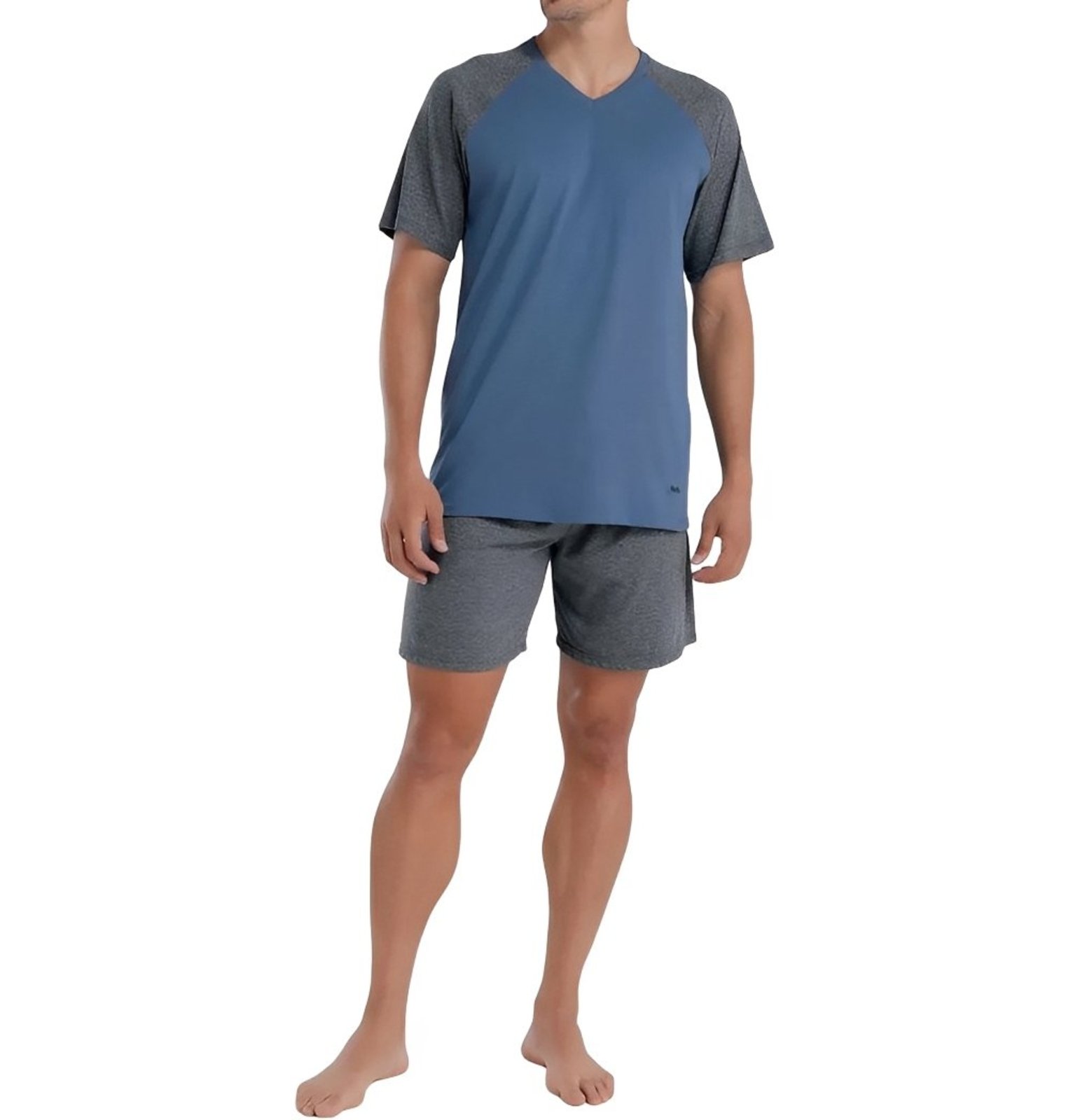 Pijama Curto Algodão Manga Raglan e Gola V