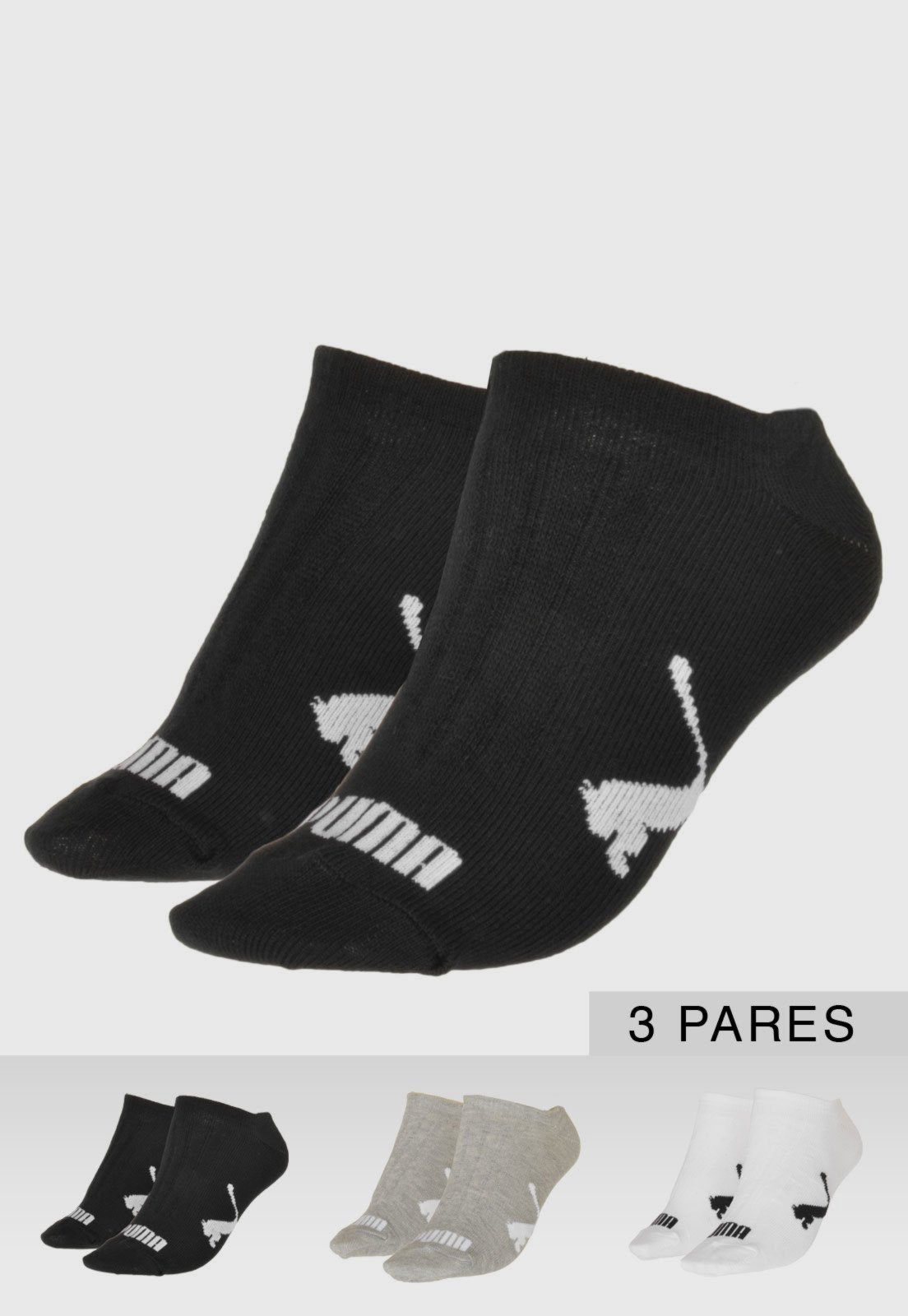 Kit 3pçs Meia Puma Sapatilha Logo Branca