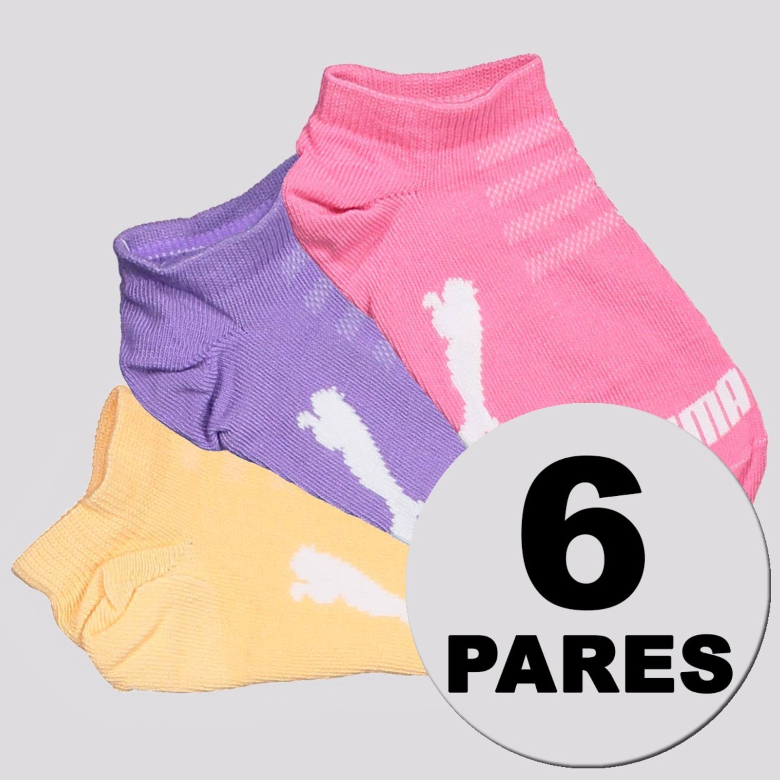 Kit Meia Puma Sapatilha 6 Pares Laranja Roxa e Rosa