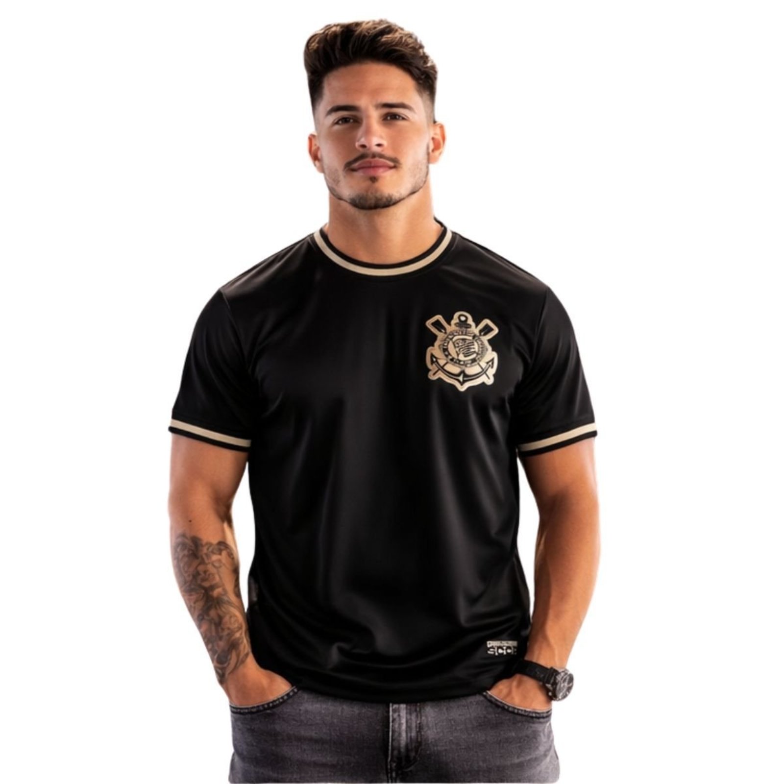Camisa Corinthians Classic Masculino Gola e Punho Retilíneo Preto