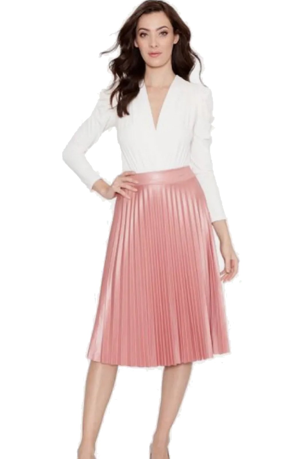 Saia Midi Rose Plissada Urbania Cirrê Moda Evangélica Rosa