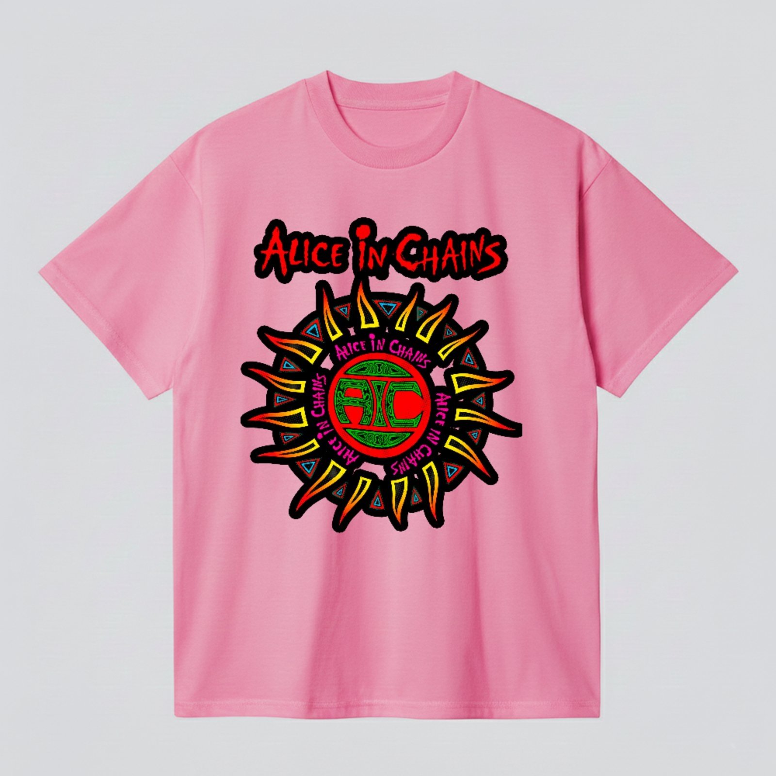 Camiseta Básica Arte Tribal Icônica Alice In Chains Rock Grunge Unissex Rosa