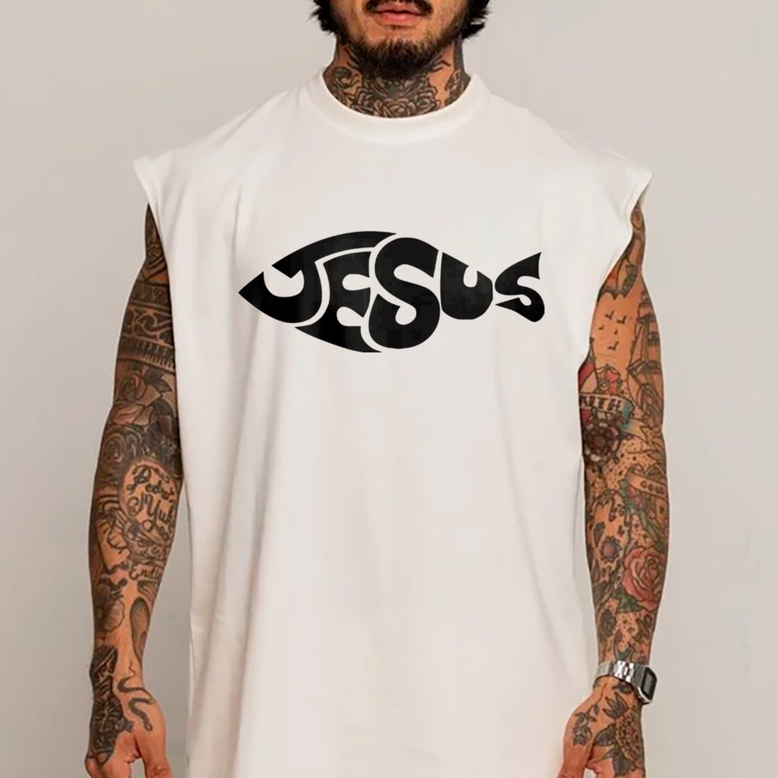 Camiseta Regata Machão Religiosa Jesus Fish Ichthys Faith Style Branco