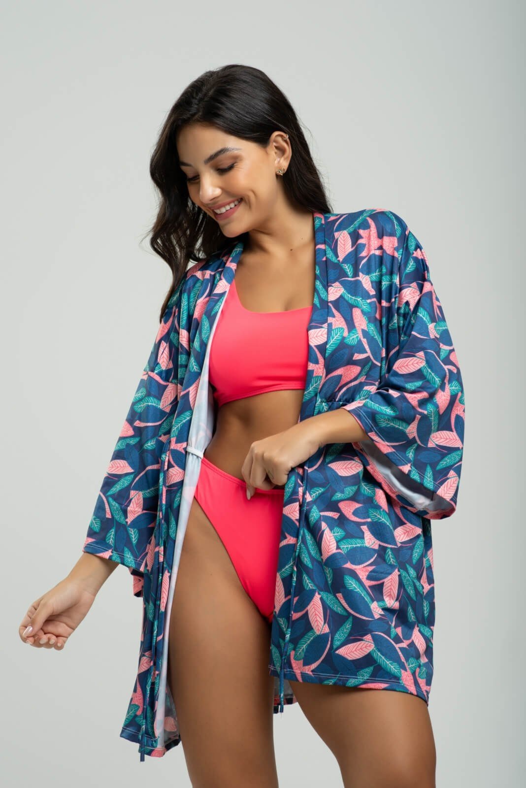Vista 3 Saida de Praia Kimono Vicbela Curto Manga Longa Camisão De Amarrar Proteção UV Folha azul/azul marinho/estampado Vicbela azul/azul marinho/estampado