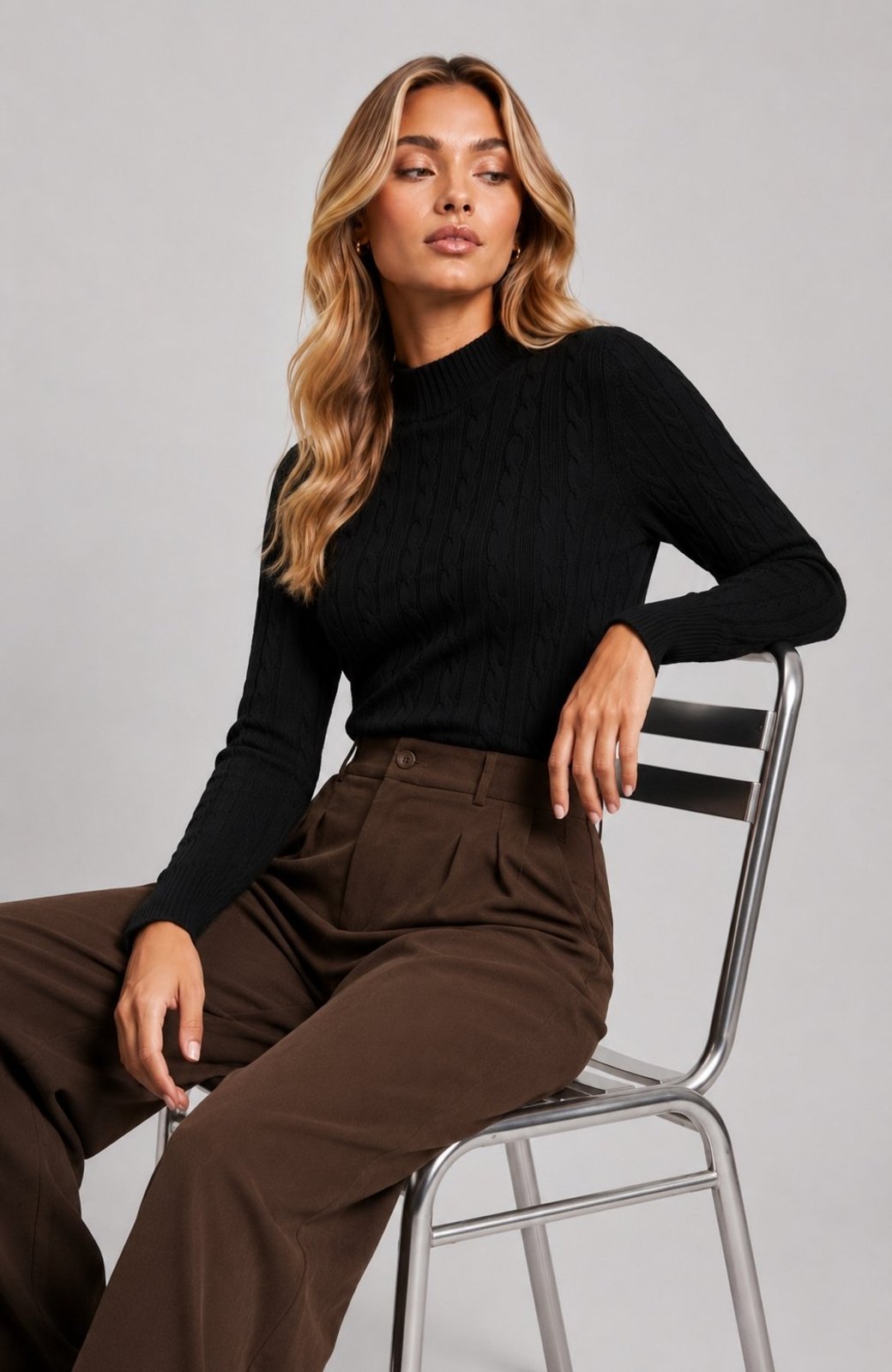 Blusa Tricot Manga Longa Gola Alta com Tranças Salvatore Preto