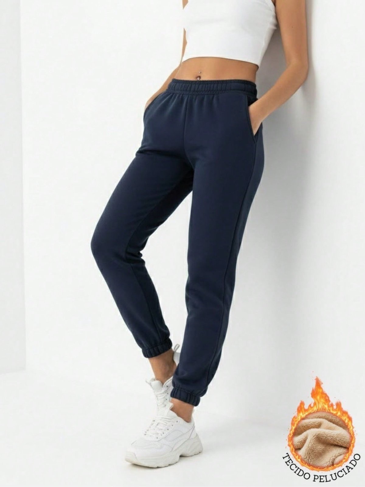 Calça de Moletom Feminina Jogger Básica Azul Marinho Felpudo Flanelado com Bolso