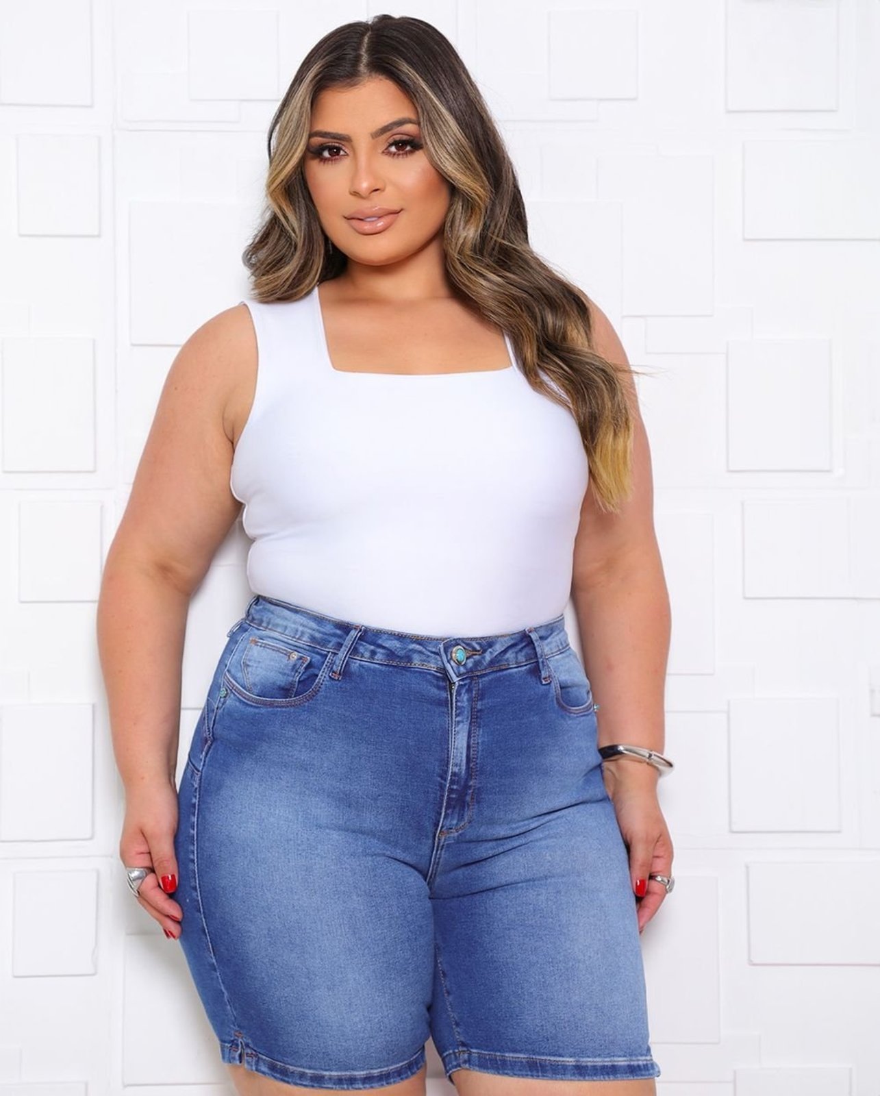 Bermuda Jeans Meia Coxa Feminina Plus Size 25131 Sky Escuro Consciência