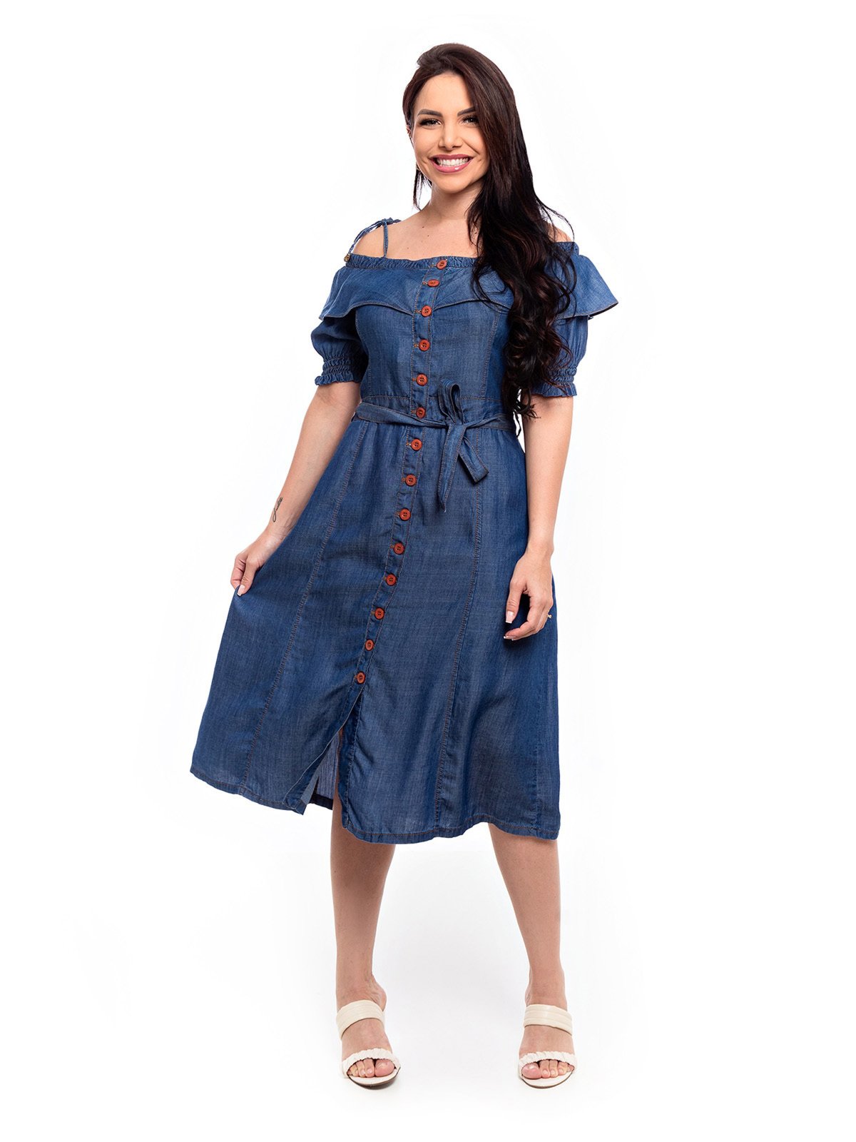 Vestido Midi Restrito Jeans Liocel Ombro a Ombro – AZUL