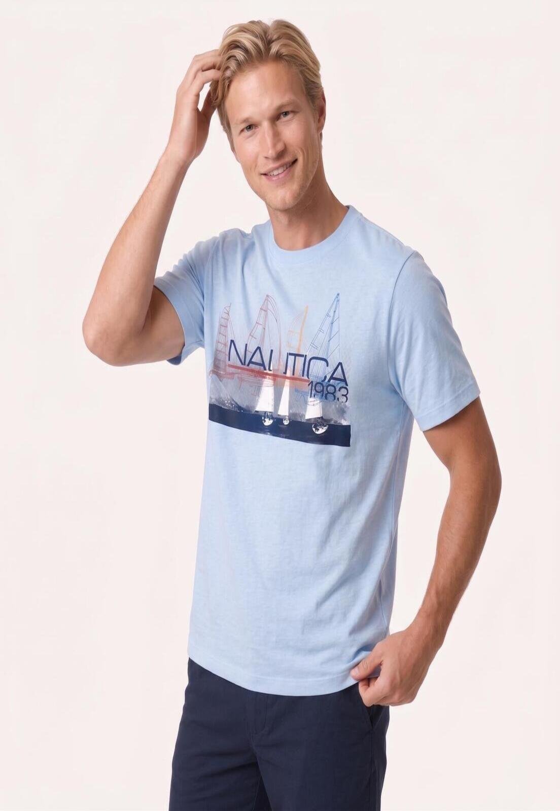 Camiseta Nautica Manga Curta Estampada Nautica Azul