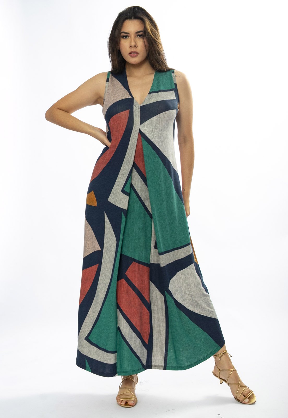 Vista 3 Vestido Longo Amazônia Vital Acará Malha Estampa Geometrias do Tempo Amazonia Vital azul marinho/cinza/estampado/verde
