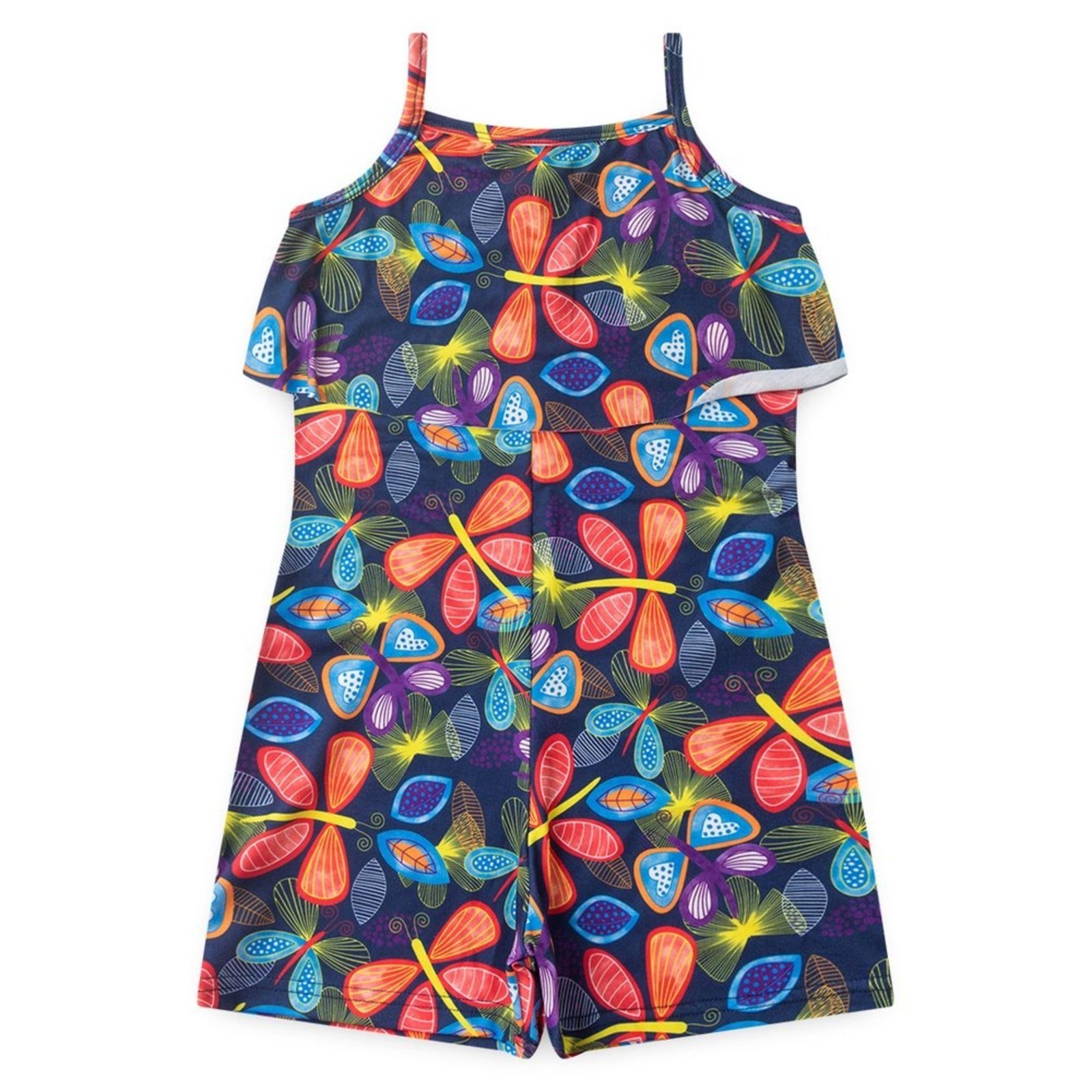 Vista 3 Infantil - Macaquinho Alcinha Verão Menina Marinho Com Babado Borboletas Molekada azul Molekada azul