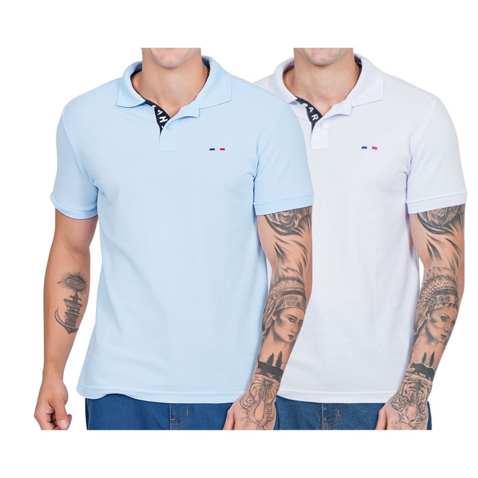 Vista 2 Kit 2 Polos Masculina Básicas FMF Azul e Branco Piquet no Estilo Tommy Bordado França branco azul FMF branco azul