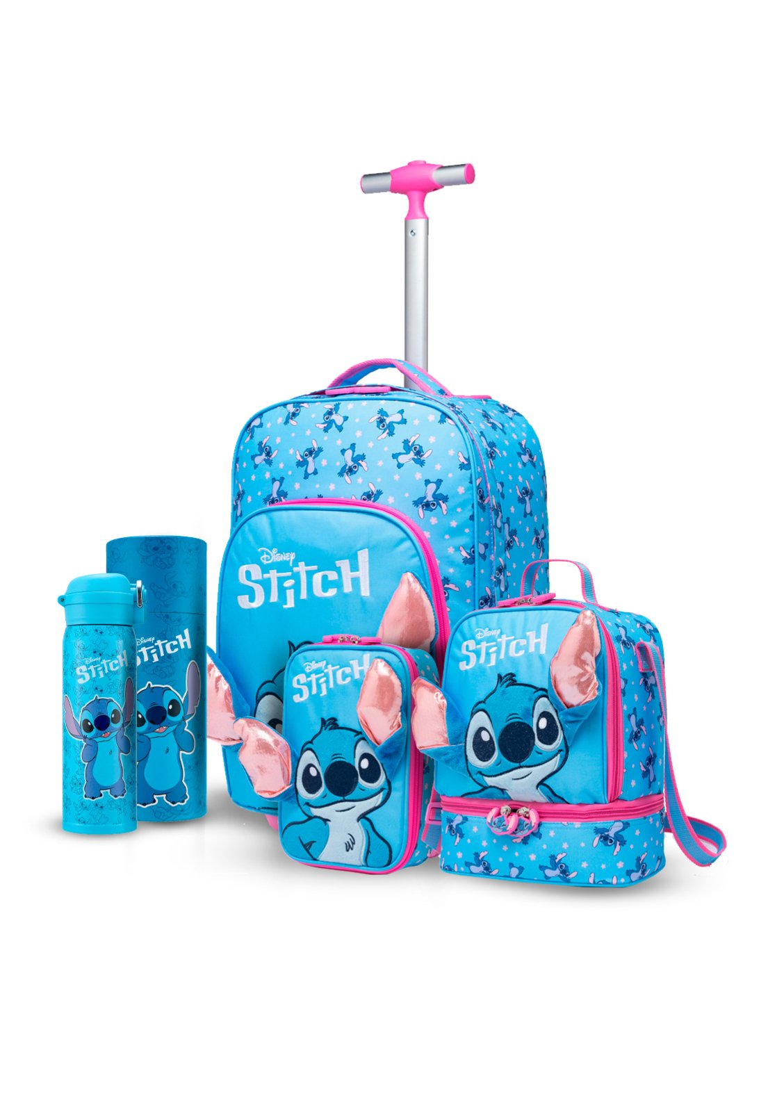 Infantil - Kit Mochila Rodinha Disney Lancheira Estojo Garrafa Escolar Stitch