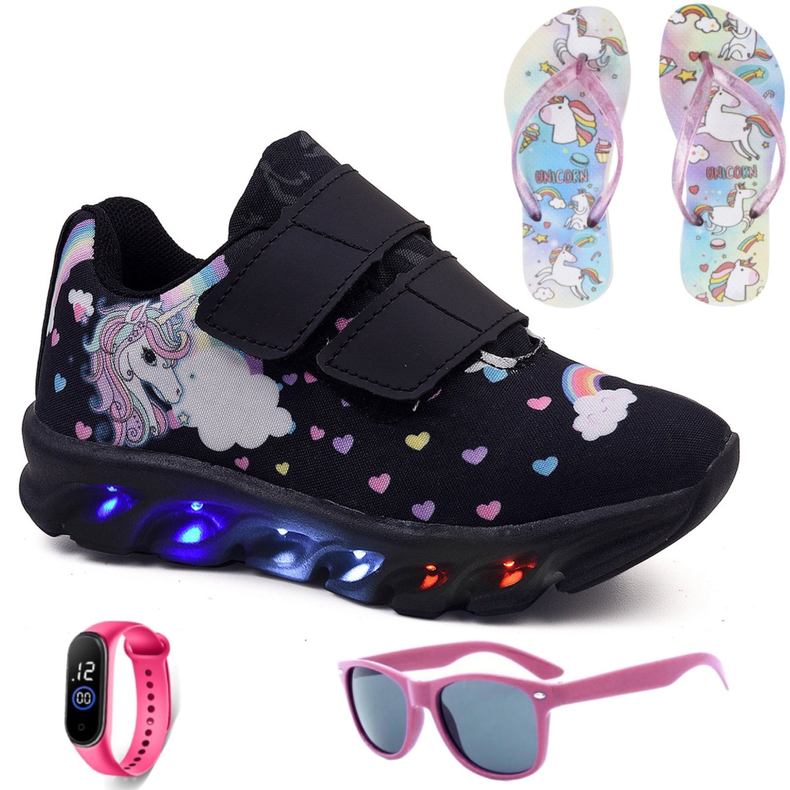 Infantil – Tenis de Led Meninas Casual Escolar Unicornio Preto + Chinelo Oculos e Relogio