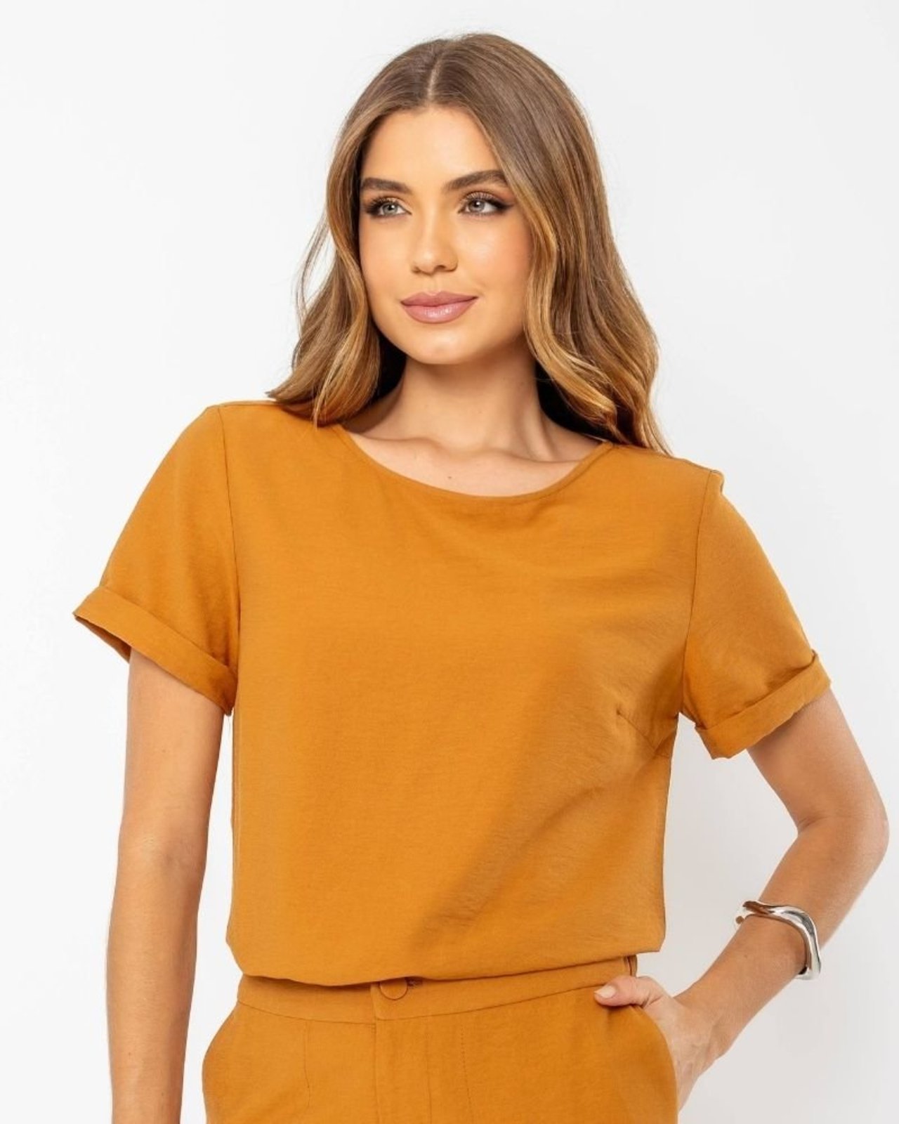BLUSA MANGA CURTA VISCOSE TWILL AMALFI CARAMELO