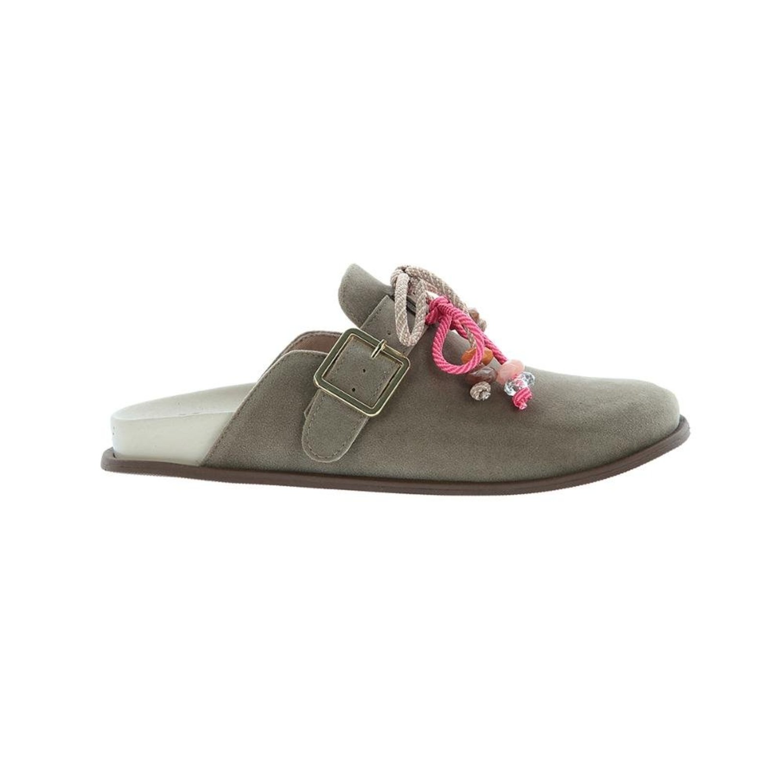 Clarissa - Mule Clog Feminino Cinza 2 em 1 Camurça com Enfeites Pingentes Cinza