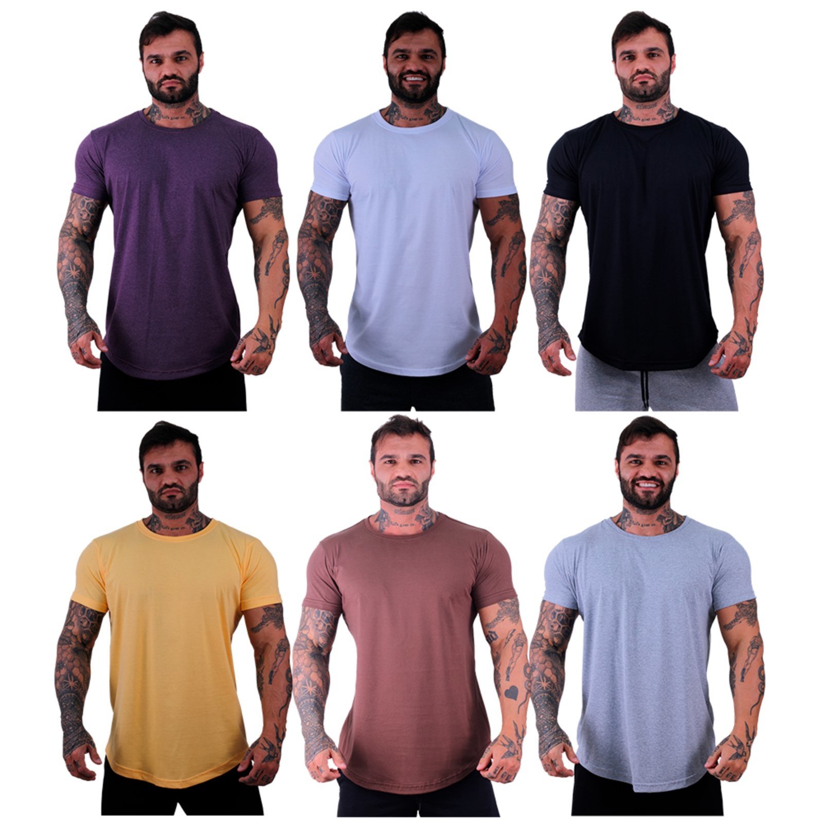 Kit 6 Camiseta Longline Masculina Alto Conceito Slim Violeta Mesclado, Branco, Preto, Amarelo, Cacau e Mescla