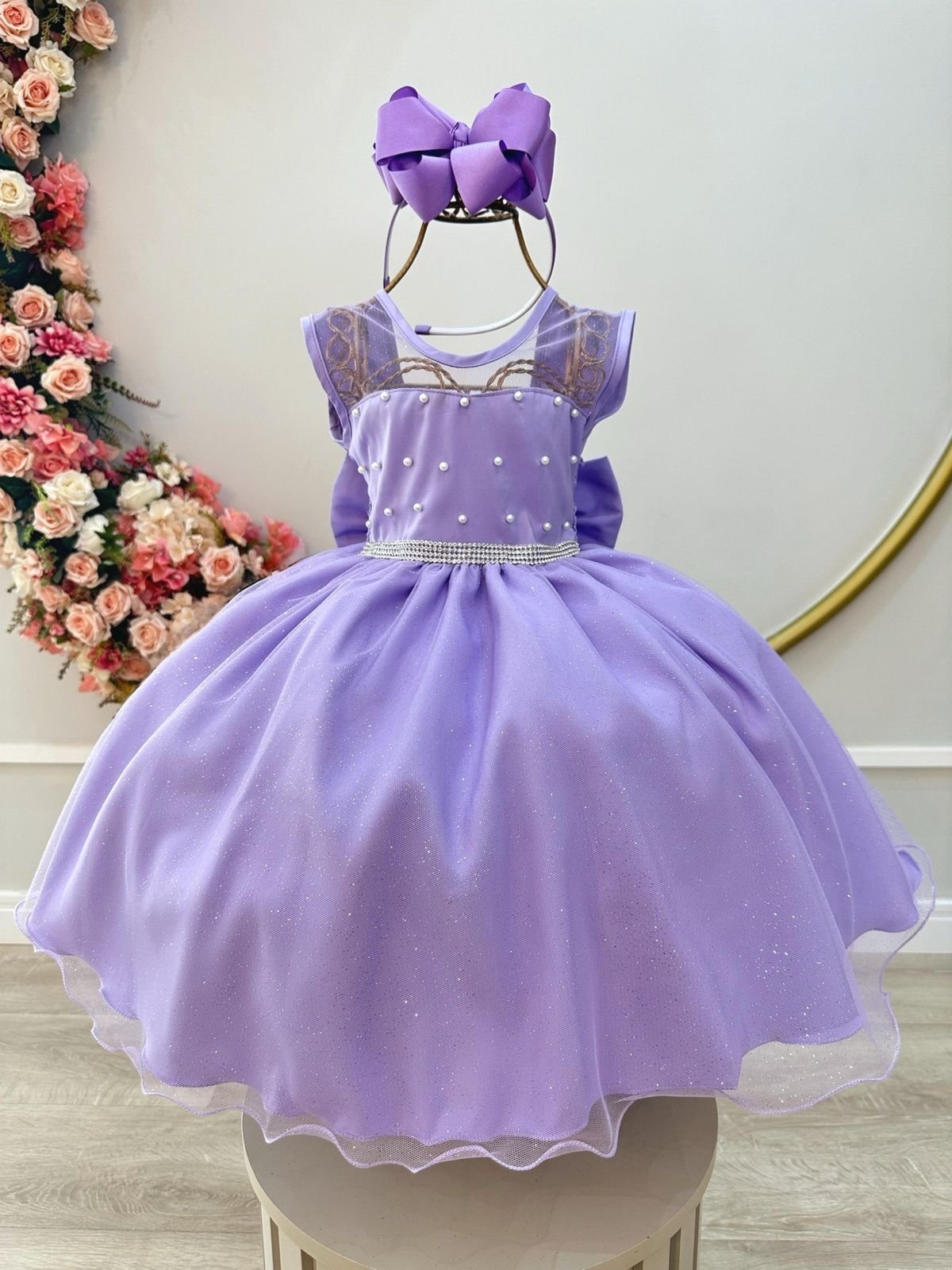 Infantil - Vestido Festa Lilás Lavanda Formatura Florista Casamento Pérolas Dama Daminha Social Menina Juvenil Pérolas Princesa Rodado Aniversário Luxo