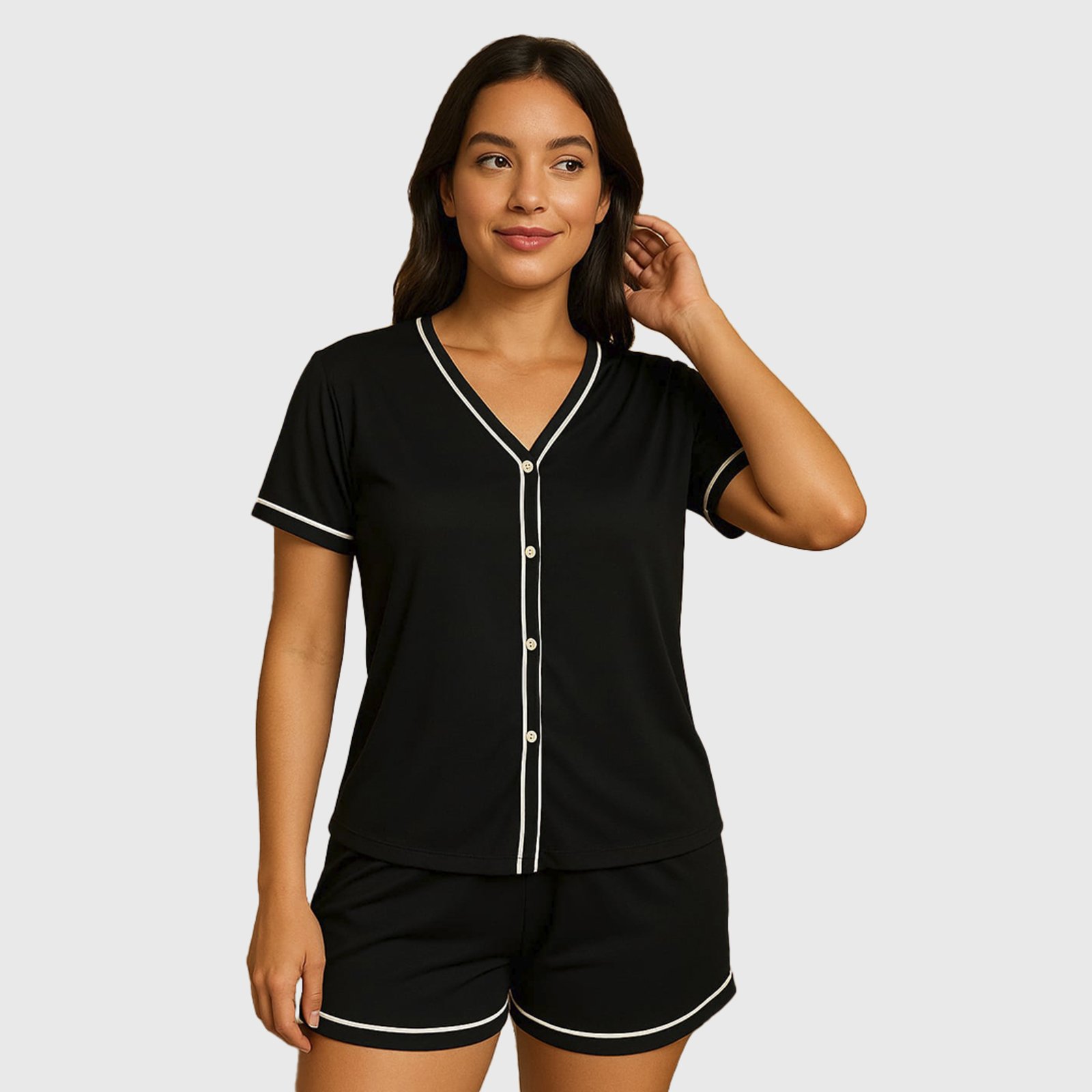Pijama Tetê Variedades Blogueira Manga Curta Conjunto Feminino Americano Conforto para Dormir Preto