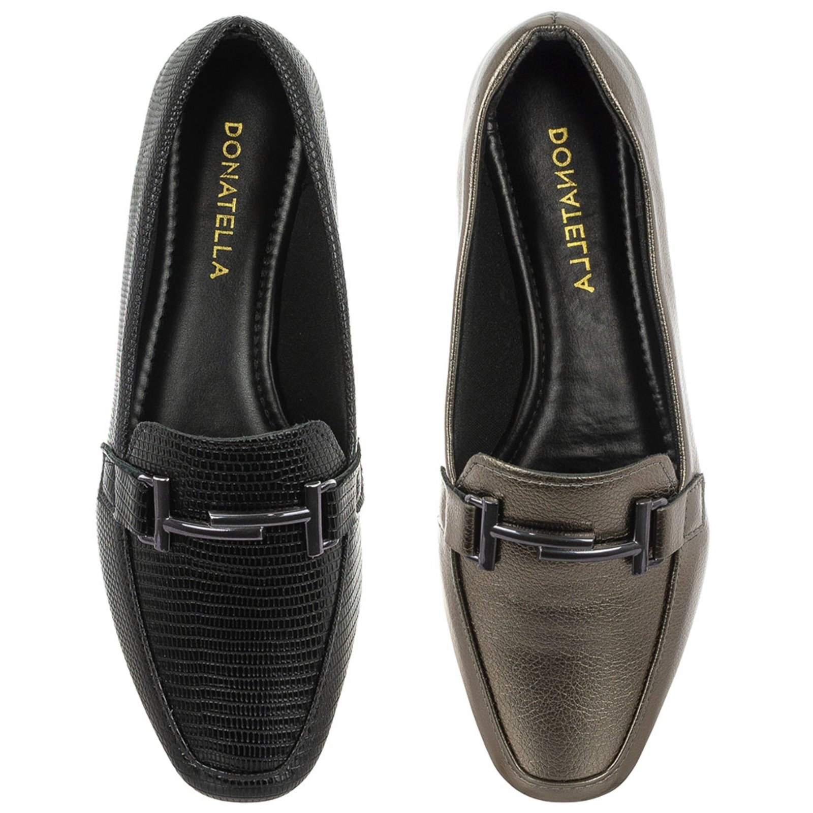 Kit 2 Pares Sapato Feminino Mocassim Donatella Shoes Bico Quadrado Confort Preto e Prata Velho