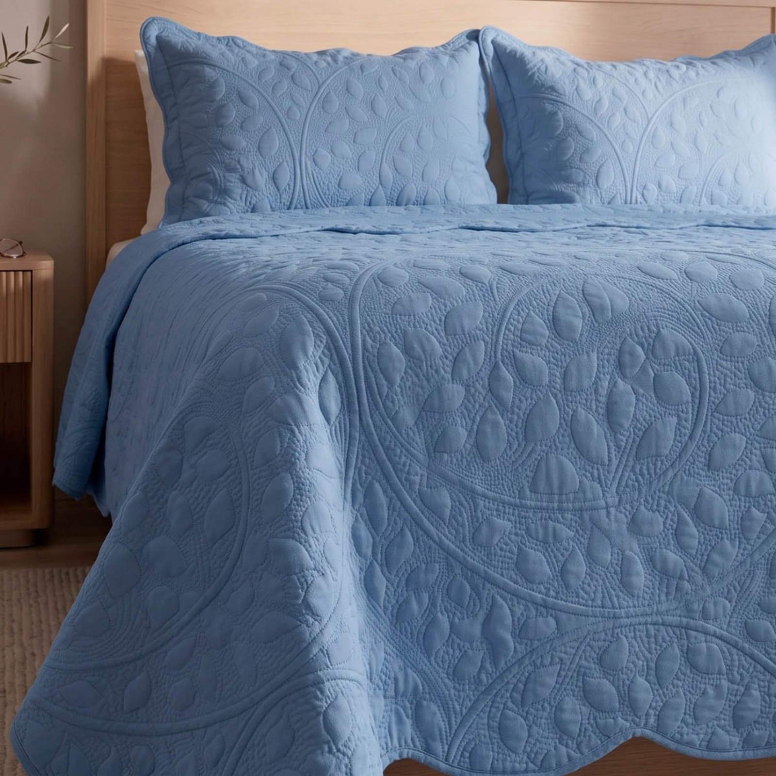 Kit Cobre Leito Vintage Casal Percal 300 Fios Colcha Matelassê Floral Alto Relevo 3 Peças Azul Jeans