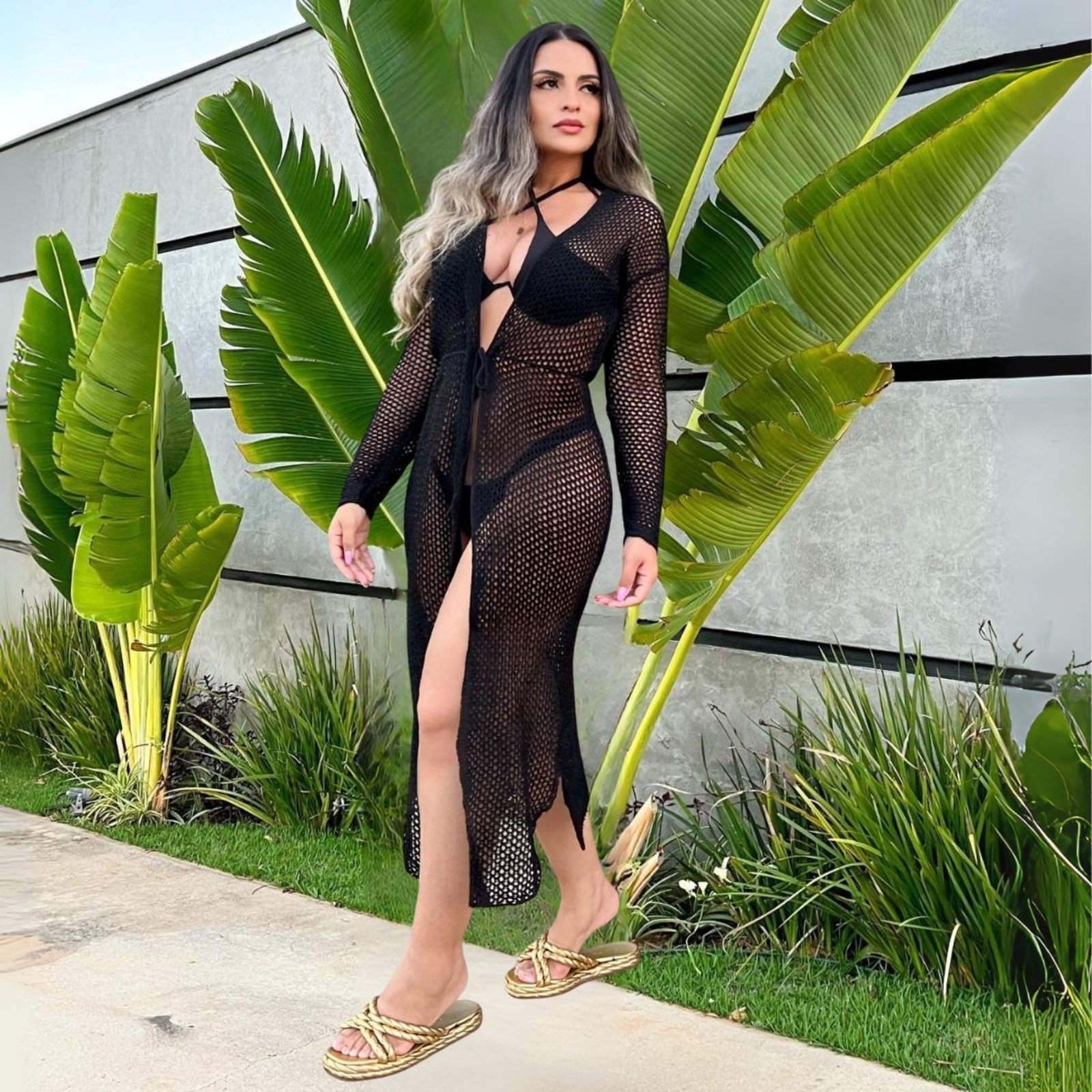 Saída de Praia Feminina Preta Kimono Moda Praia Chemise Elegante Tecido Premium
