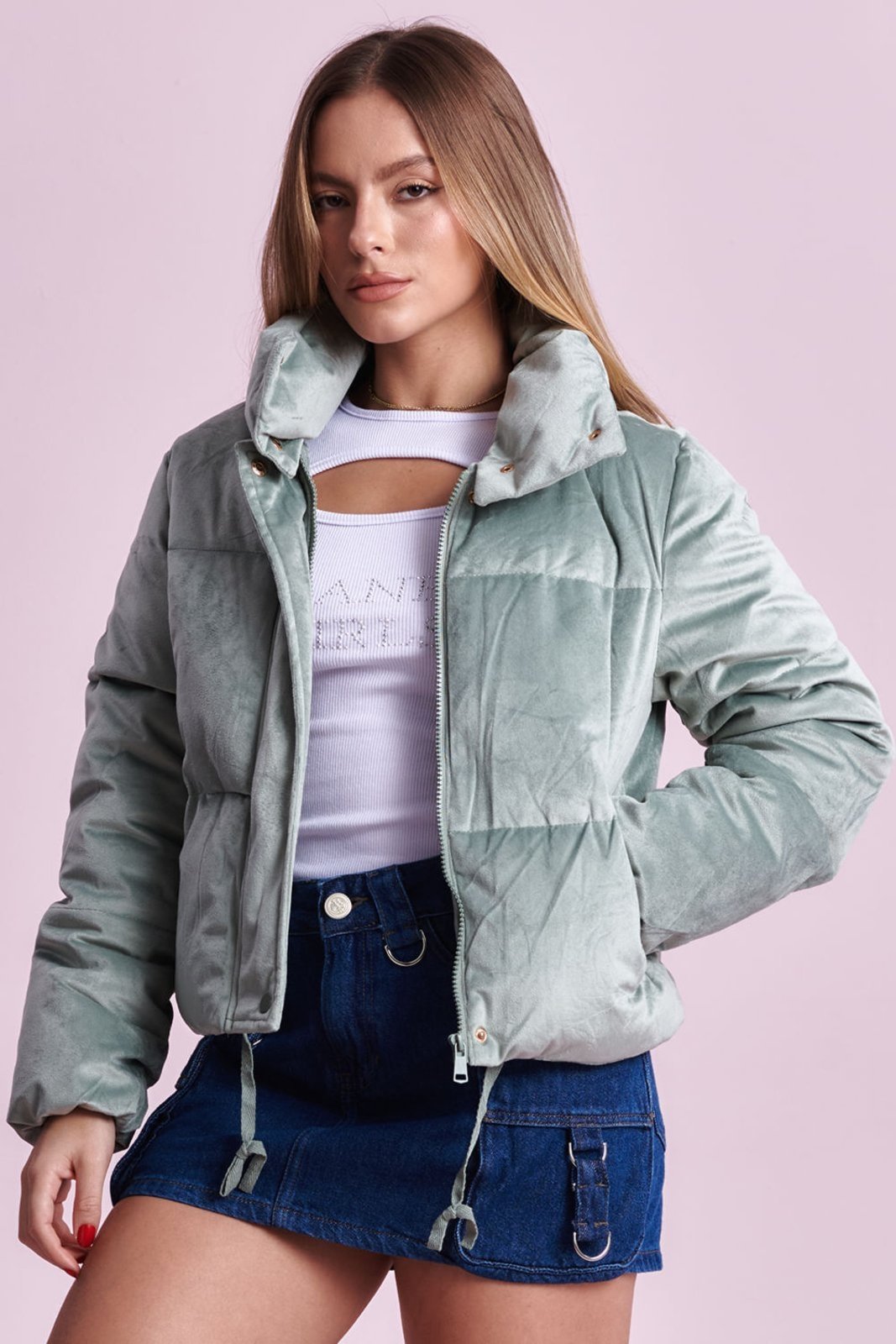 Jaqueta Puffer Feminina Veludo Planet Girls Verde