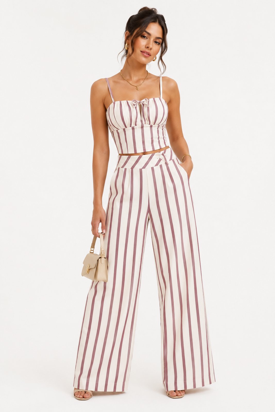 Conjunto Feminino D Bell Outlet Fashion Listras Marsala
