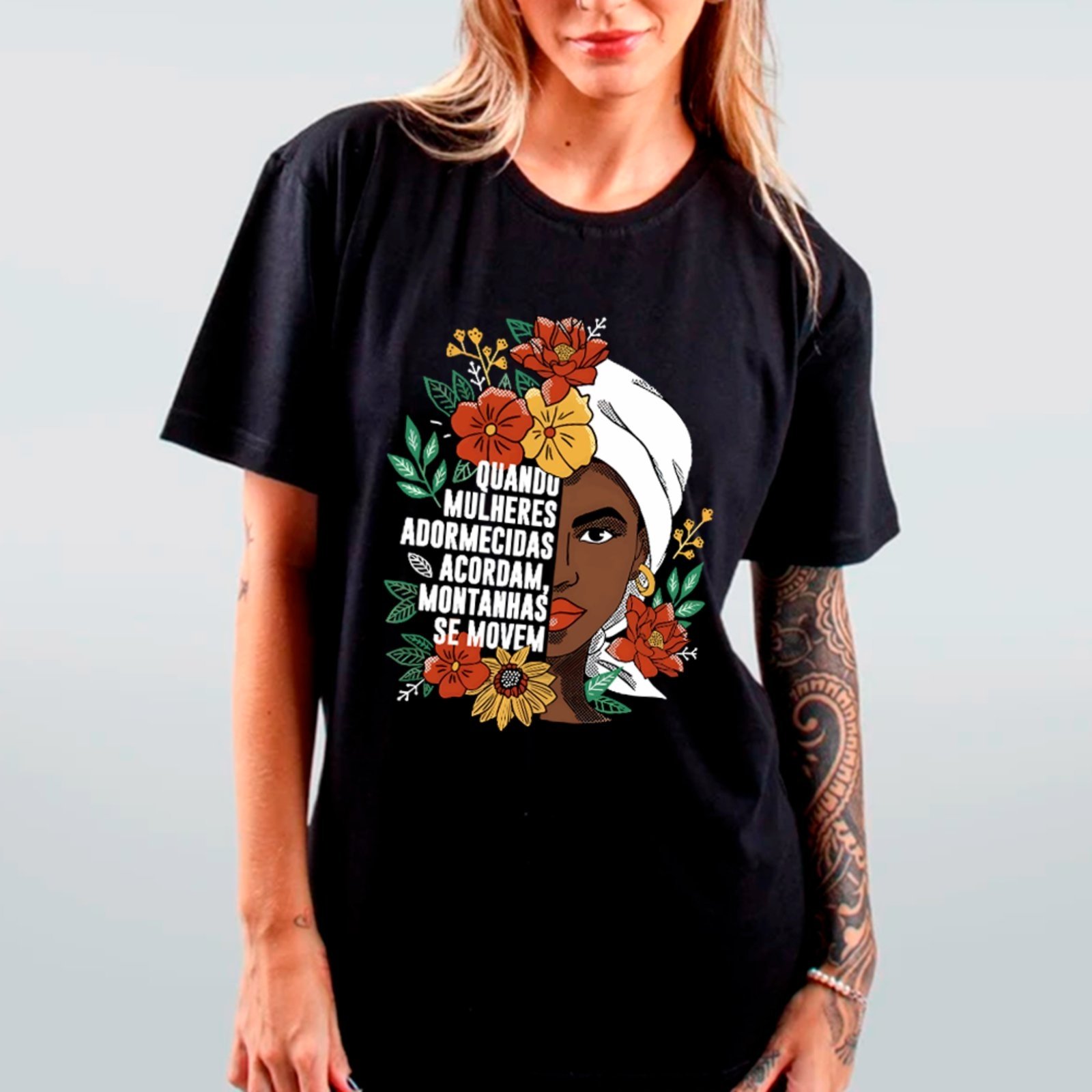Camiseta Ousy Básica Montanhas Se Movem Coragem Feminina Preto