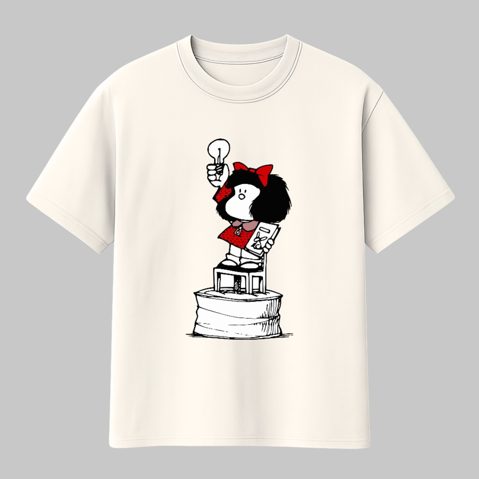 Camiseta Básica Reflexão Inteligente Cultural Mafalda HQ Clássica Unissex Off White