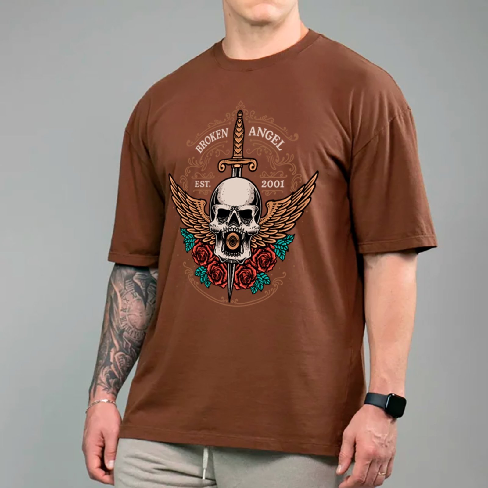 Camiseta Ousy Unissex Skull Broken Angel Streetwear Oversized Marrom